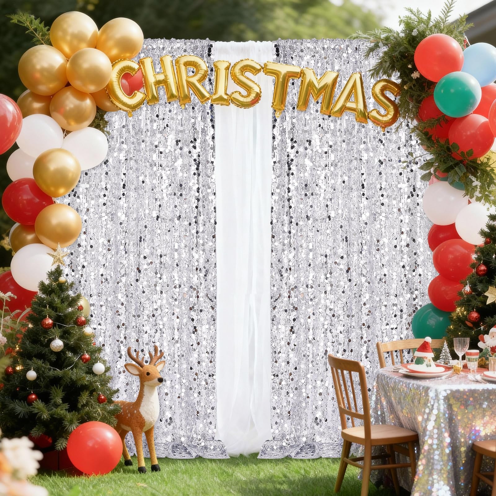 Silver Sequin Backdrop Curtain 8.6x8ft Glitter Drape Birthday Party Decor 2Pc