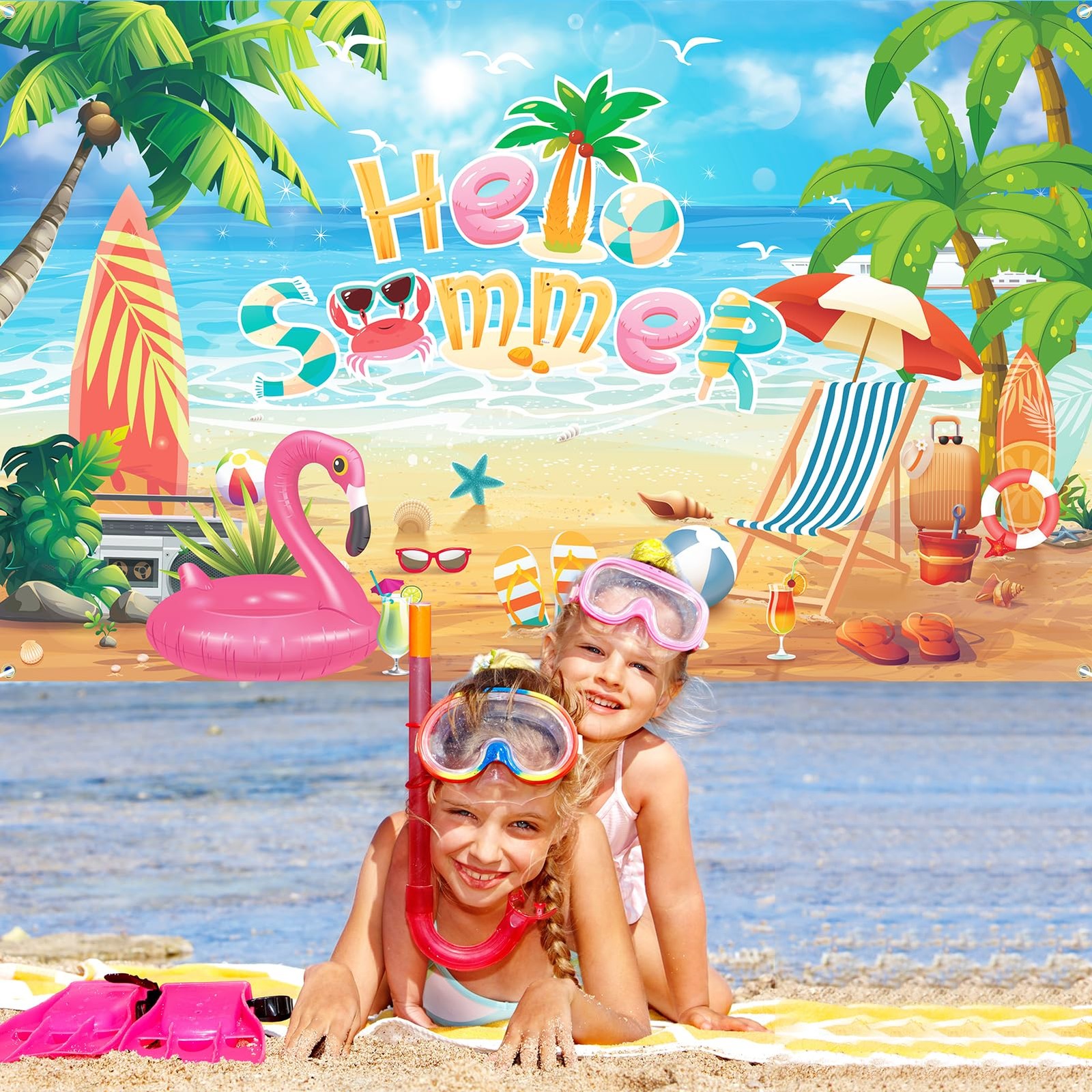Hello Summer Beach Photo Backdrop Schools Out End School Year 71×43 Inch Prop