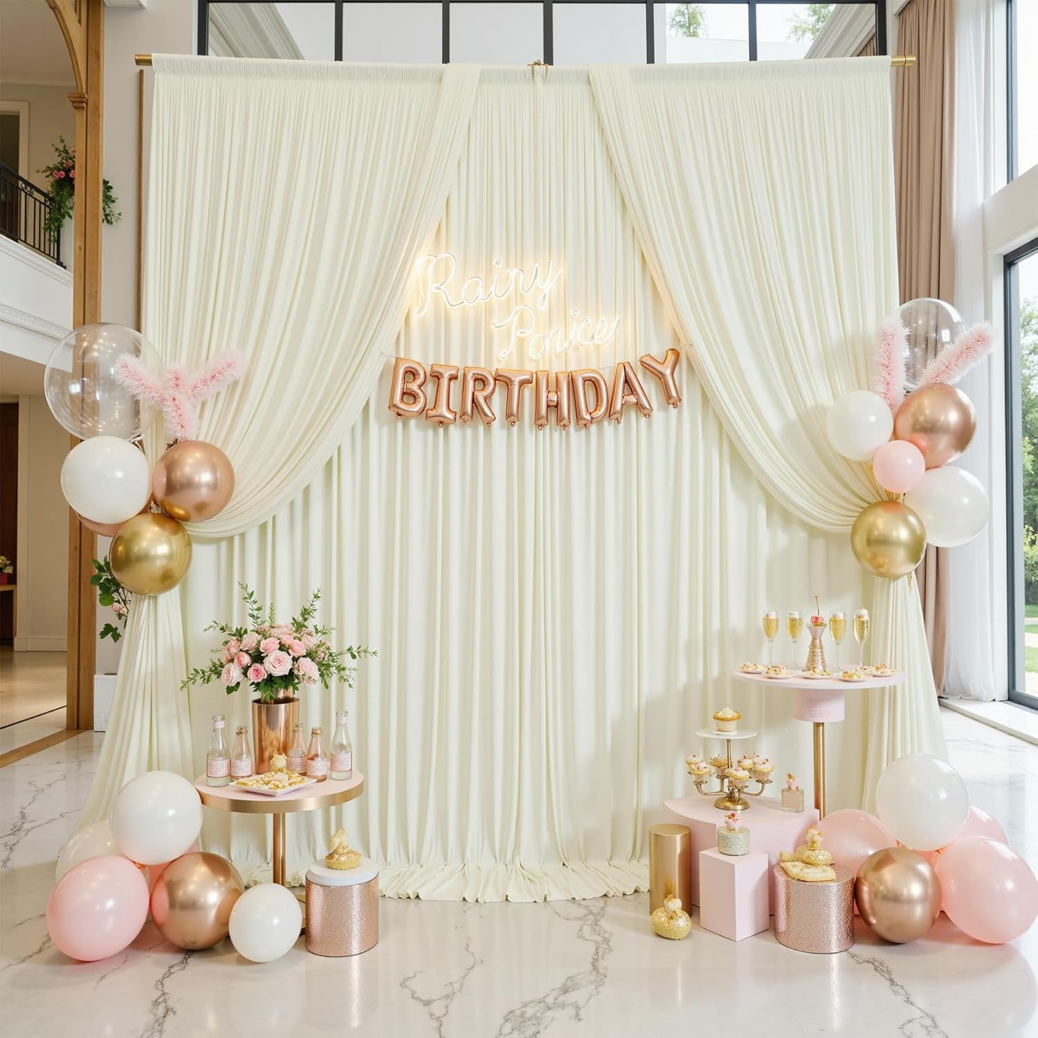 30Ft×12Ft Ivory Backdrop Curtain for Wedding Parties, 6 Panels Wrinkle Free Poly