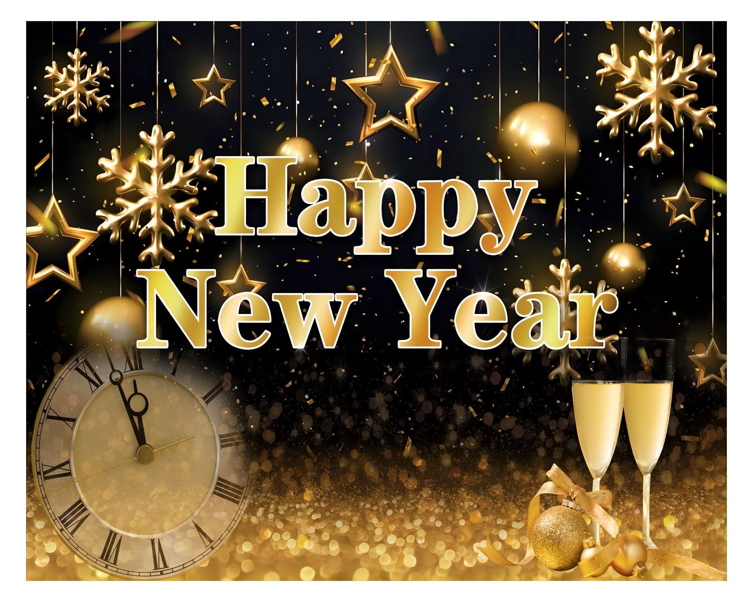 Happy New Year Backdrop 8x6ft Black Gold Photography Background YY11502