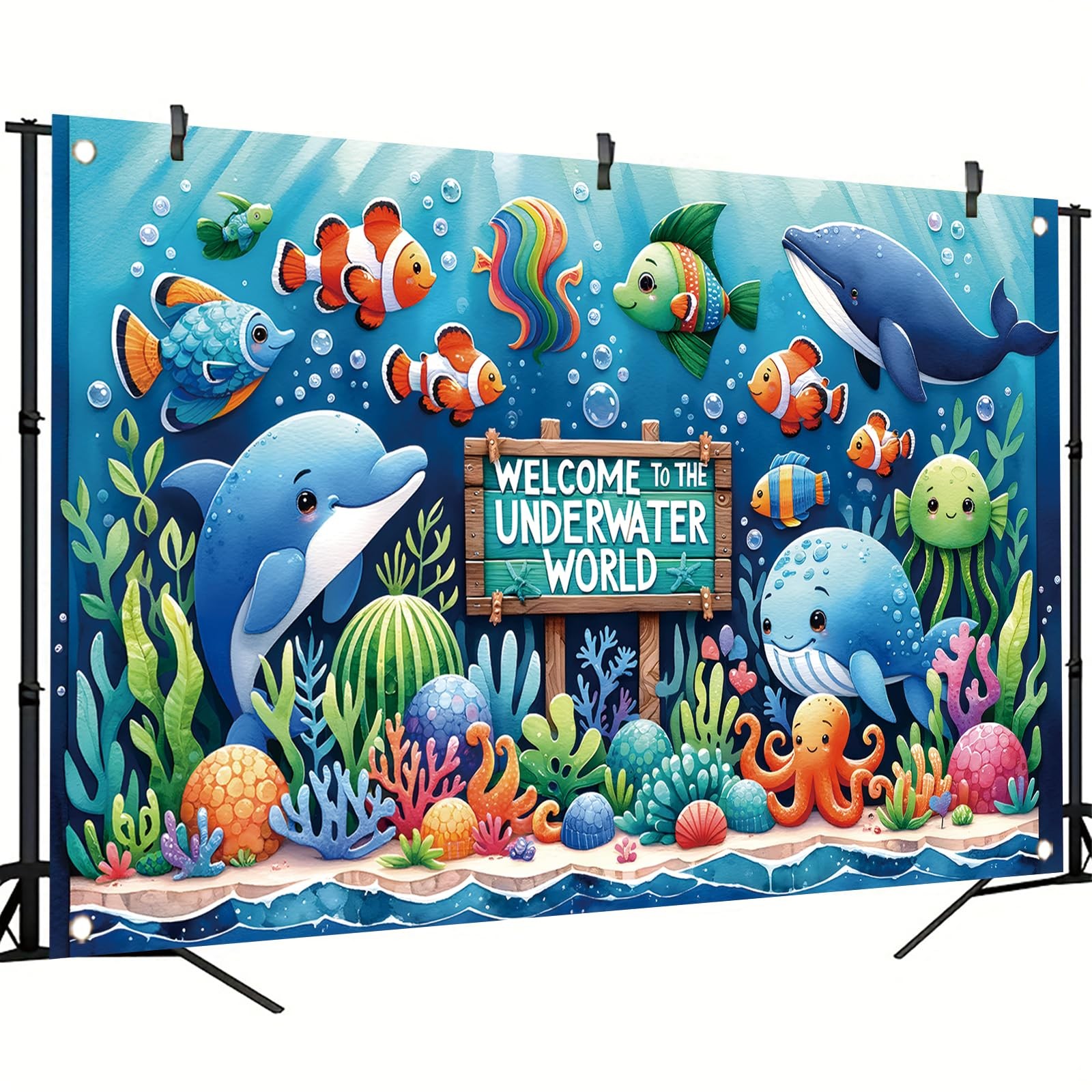 Underwater World Backdrop Banner Ocean Party Decoration Cute Sea Animal Banne…