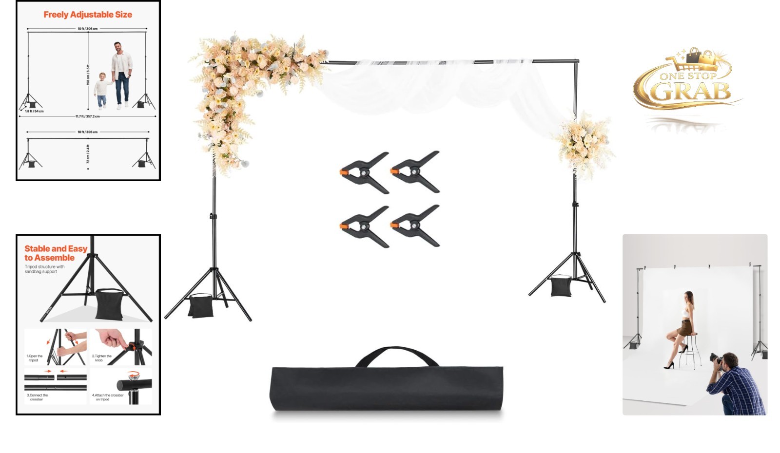 6.5×10 ft Adjustable Metal Backdrop Support Stand Kit for Photo Studio