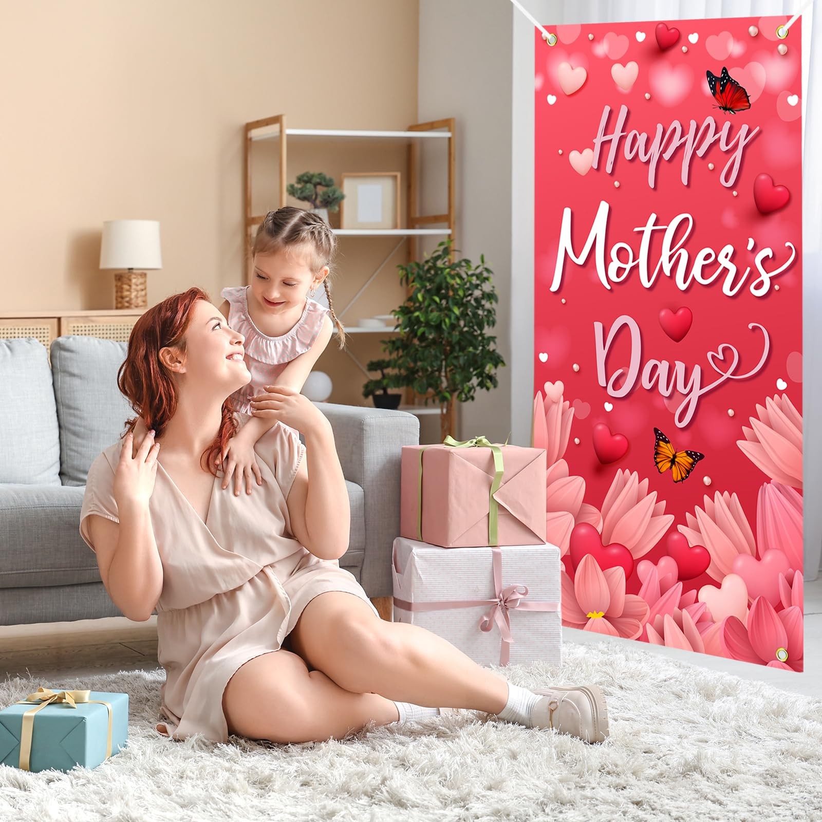 Happy Mother’s Day Door Cover Pink Heart Flowers Mom Gifts for Indoor Decoration