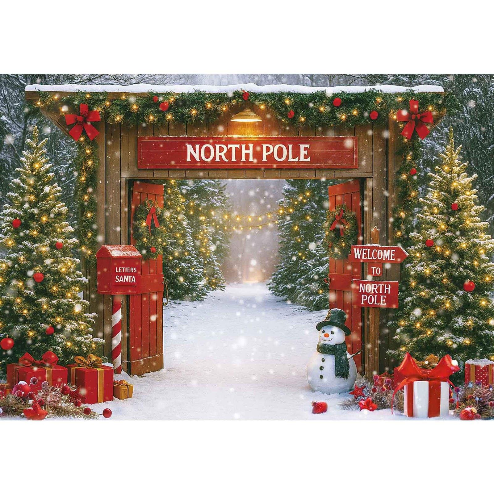 7x5ft Christmas Backdrop, Rustic Snowy Forest, Barn Door, Xmas Tree, Fabric Prop