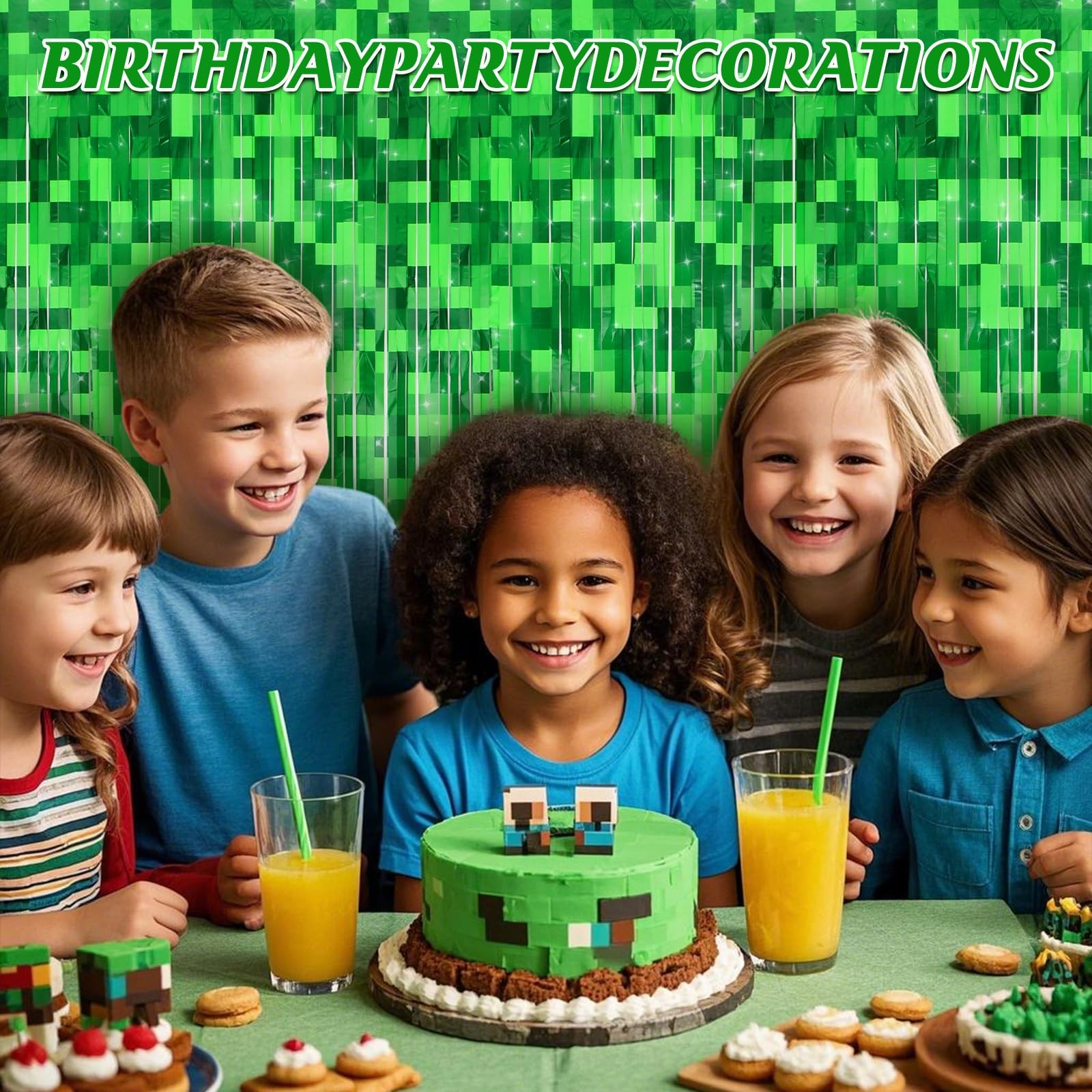 2 Pcs Green Pixel Miner Foil Fringe Curtains