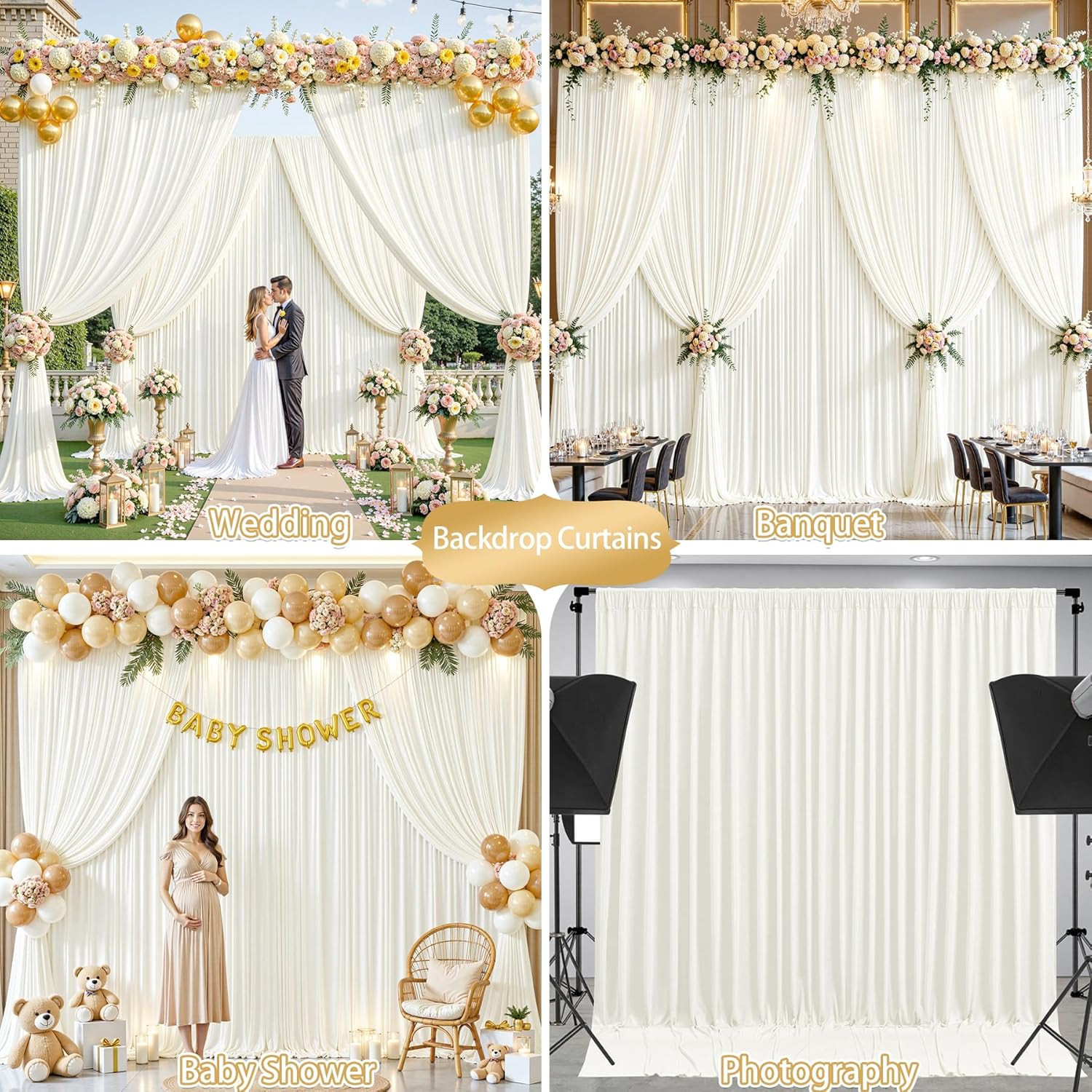 Ivory Backdrop Curtains 32x10ft for Baby Showers & Parties – 8 Panels