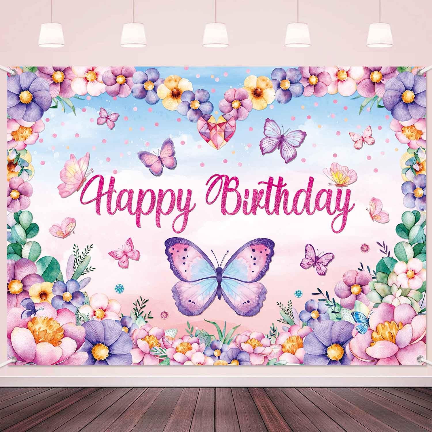 LDWLYW Butterfly Happy Birthday Banner Backdrop Pink Purple Butterflies Birthday