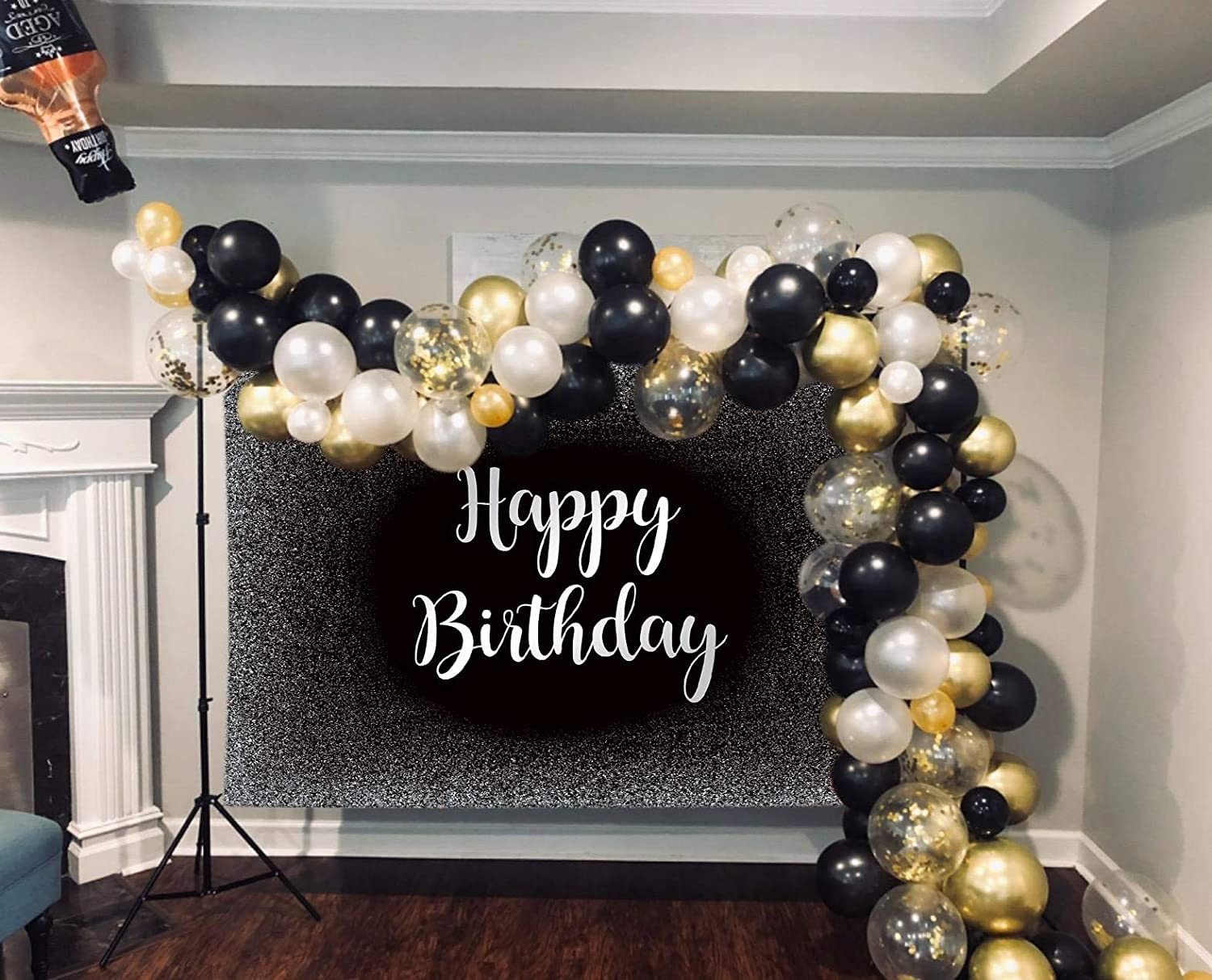 Happy Birthday Backdrop 8×6 FT Black Silver Grey Glitter Fathers Day Decor