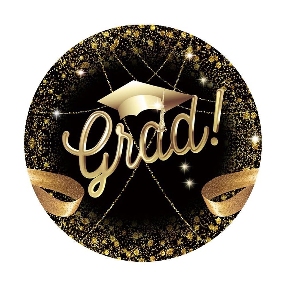 Renaiss 7.5×7.5ft Grad Cap Round Backdrop Covers Glittering Golden Ribbon Bla…