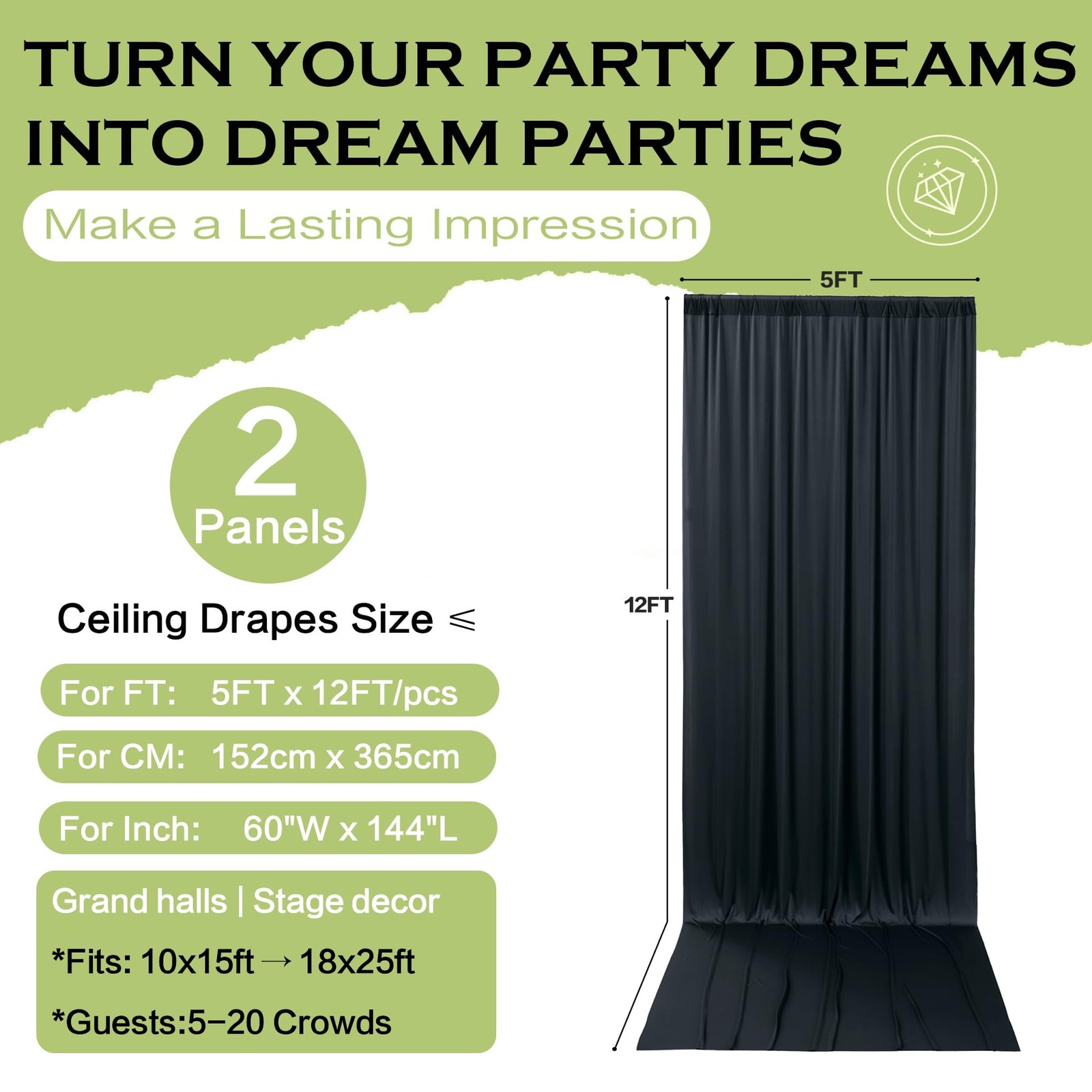 10x12ft Black Backdrop Curtain, 2 Panels, Wrinkle Free 12ft Long Polyester
