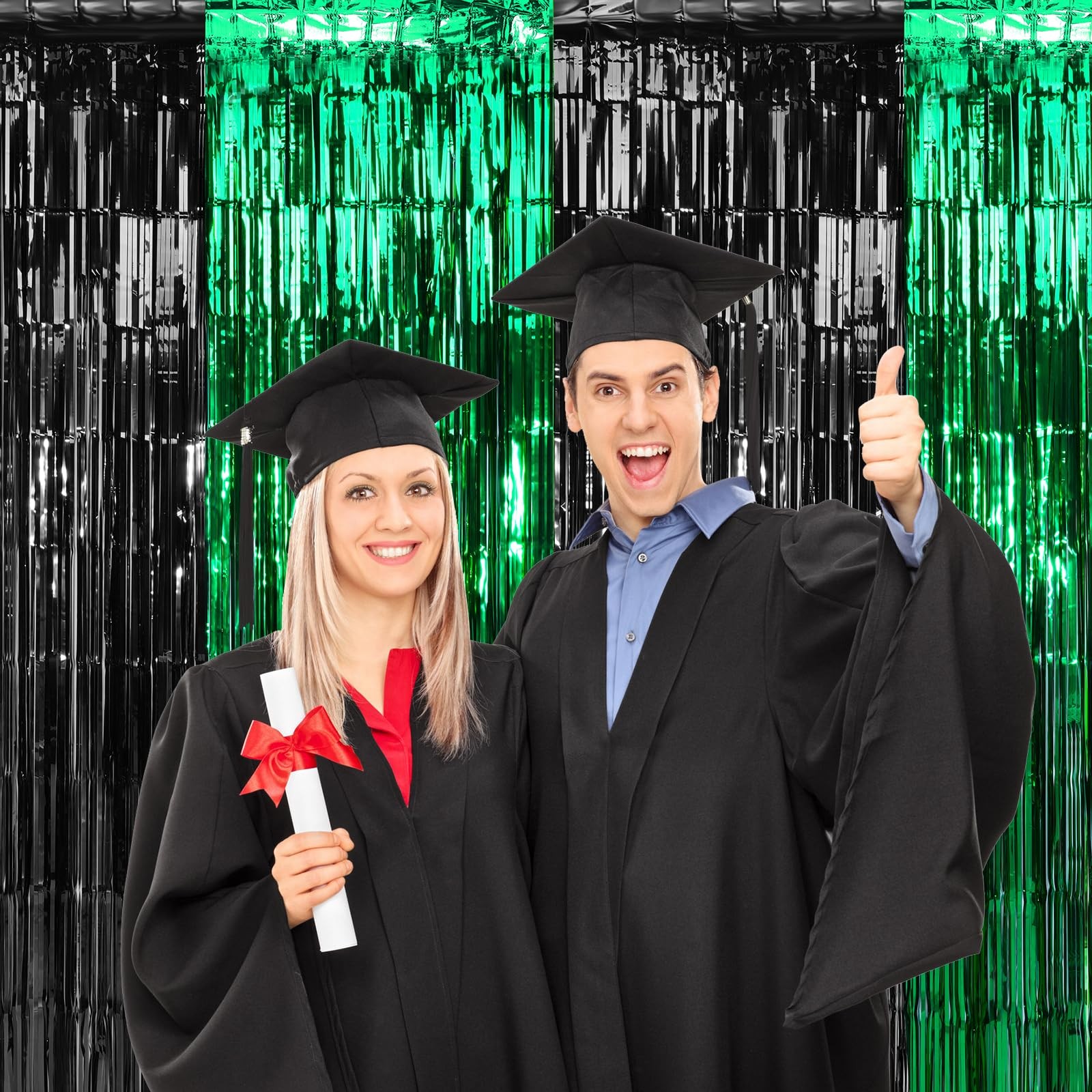 Graduation Foil Fringe Curtain Backdrop Green Black Metallic 6.6 Ft 3 Pack