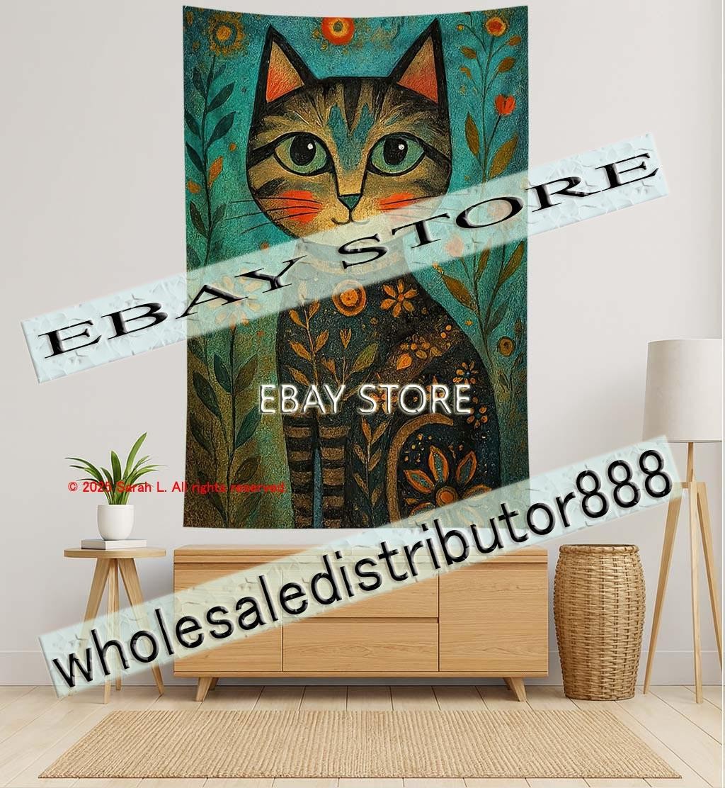 Tapestry Nouveau Cat Portrait Photography background 59X82 in