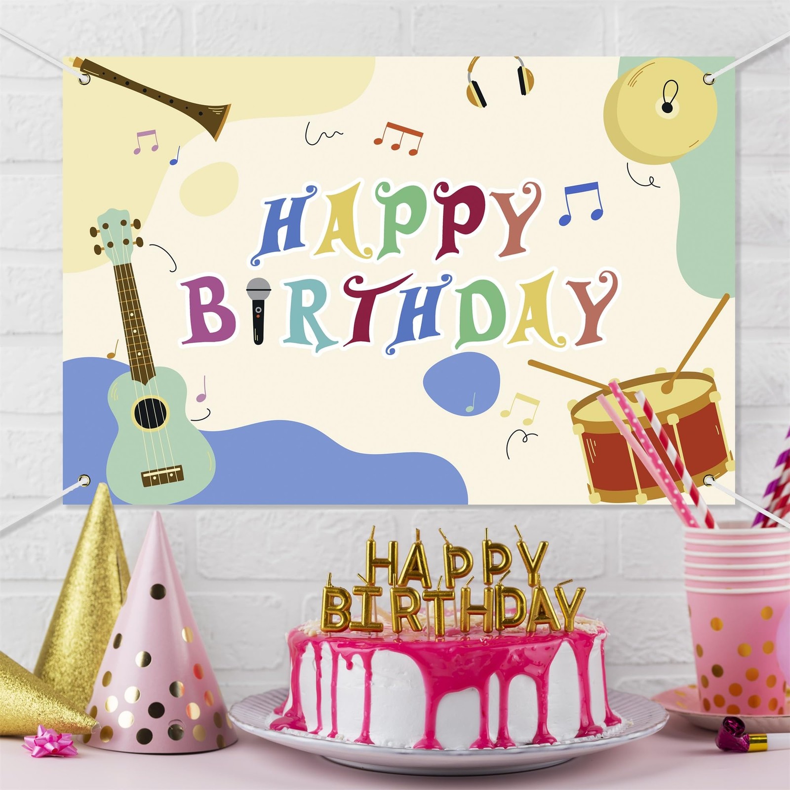 Music Note Happy Birthday Banner Backdrop Various Cartoon Musical Instruments…