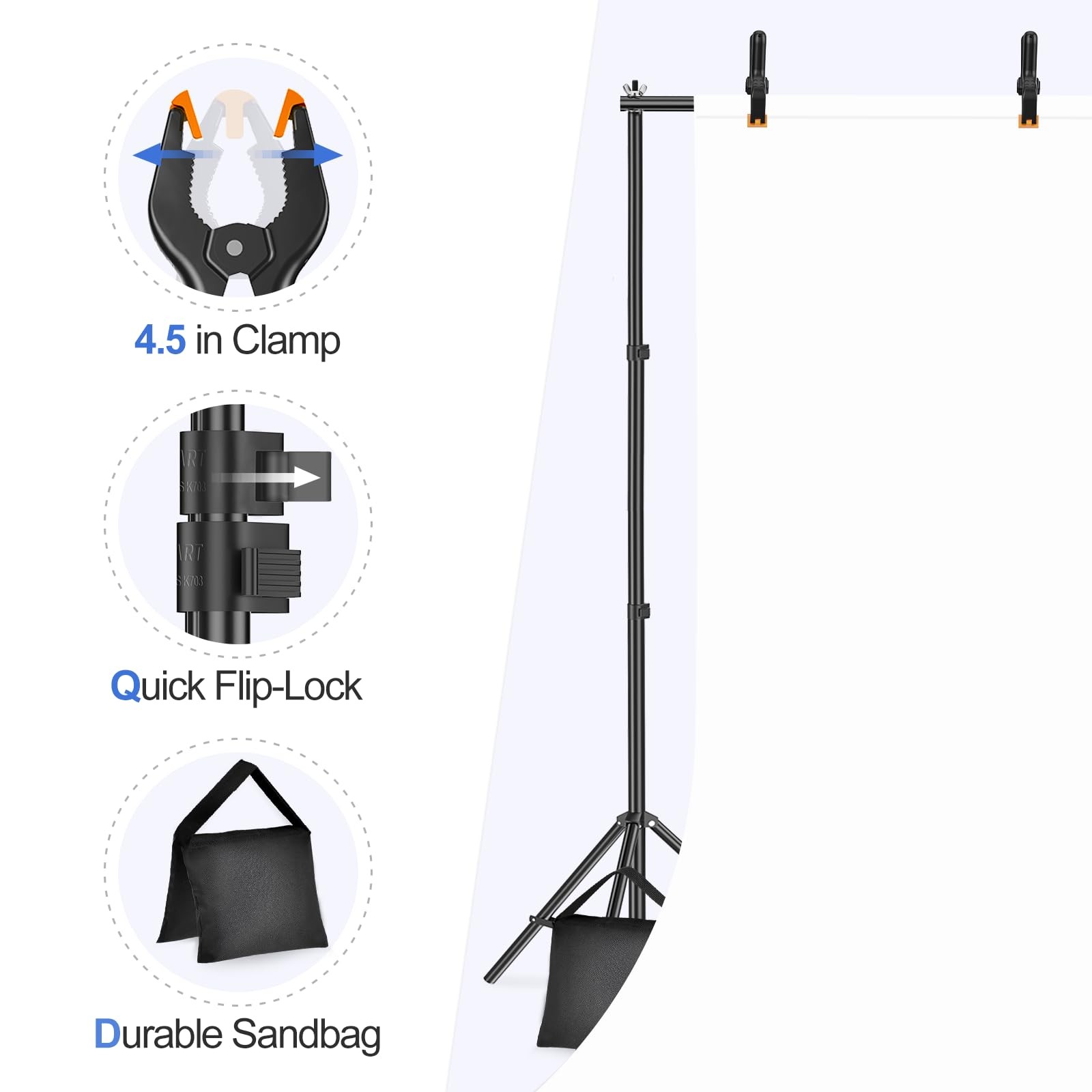 Backdrop Stand 10x7ft Adjustable Kit: Crossbars, Clamps, Sandbags, Carry Bag