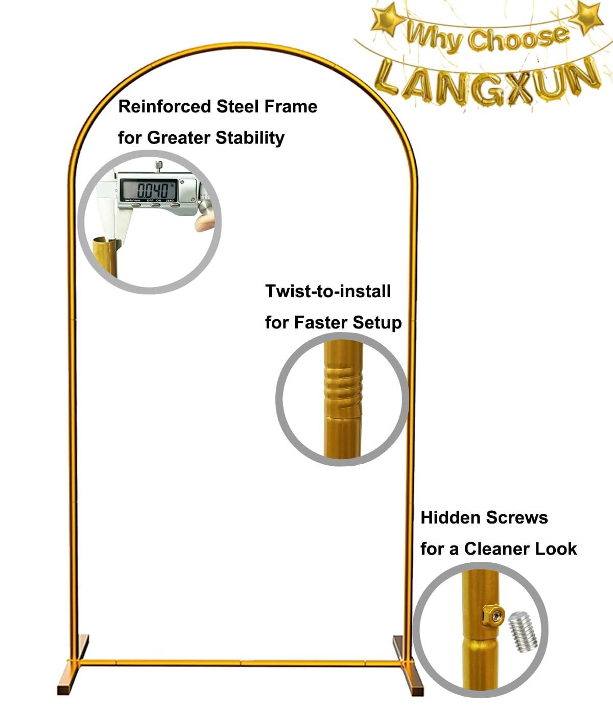 Gold Metal Arch Backdrop Stand Set, 7.2ft / 6.6ft / 6ft Balloon Arch Frame fo…