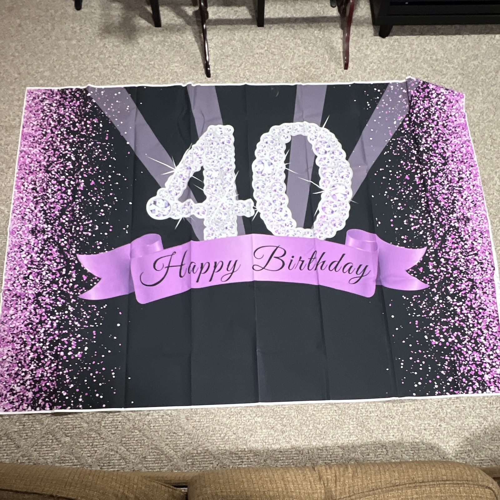 LoveInM Happy 40th Birthday Backdrop 7×5 ft Matte Vinyl Glitter Black Purple