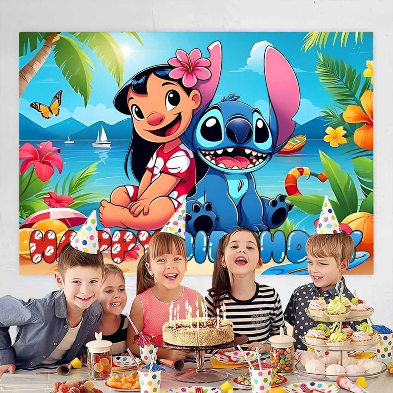 Stitch Movie Birthday Party Decorations, Happy Birthday Banner Backdrop for B…