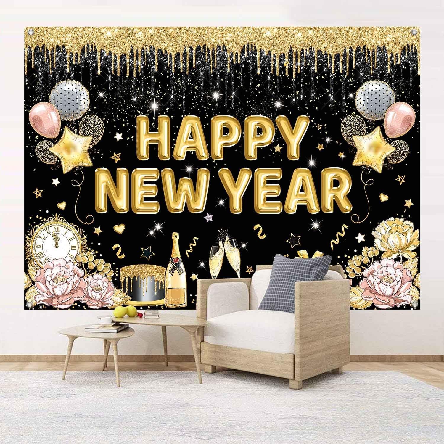Happy New Year Banner Backdrop for New Years Decorations 2026 Large Black and…