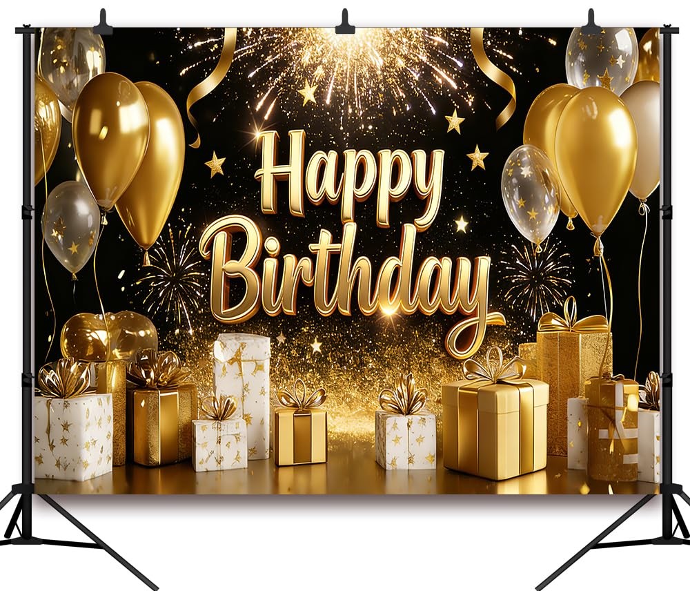 DePhoto 7x5FT Black and Gold Happy Birthday 7×5 FT, Backdrop 6