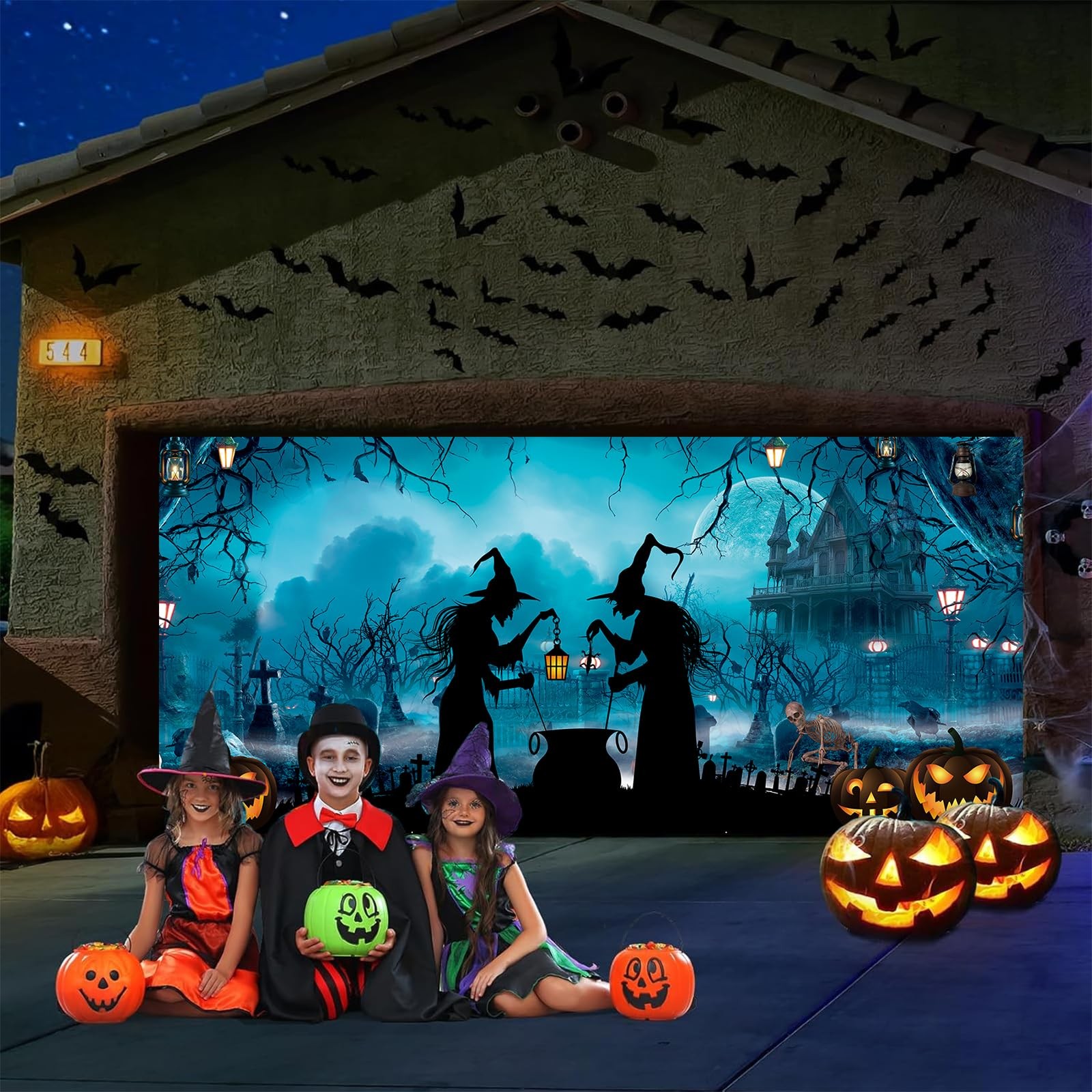 Halloween Garage Door Cover Banner 7x16ft Haunted House Witch Scary Graveyard…