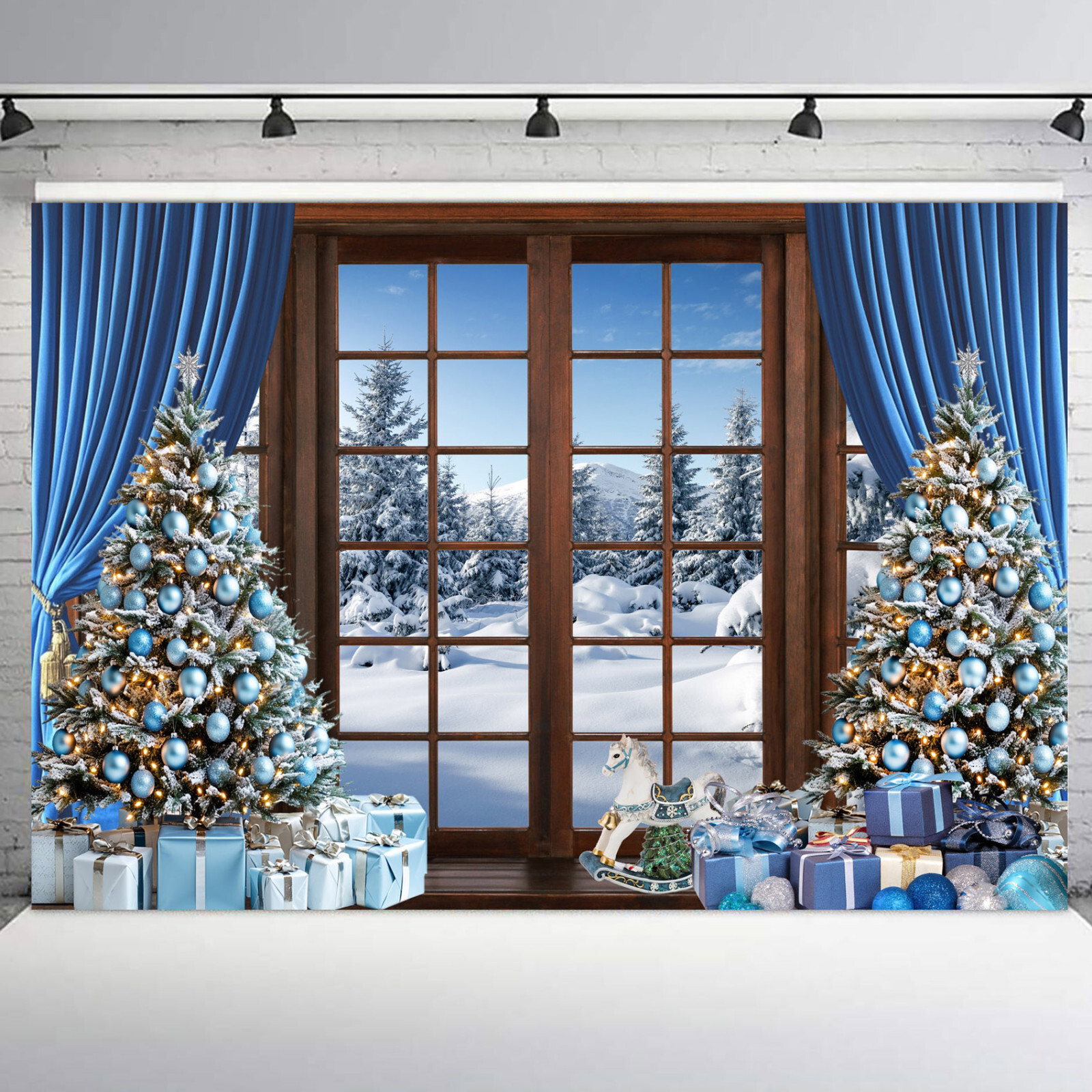 10x8ft Winter Forest Scene Blue Christmas Tree Vinyl Backdrop Photo Background