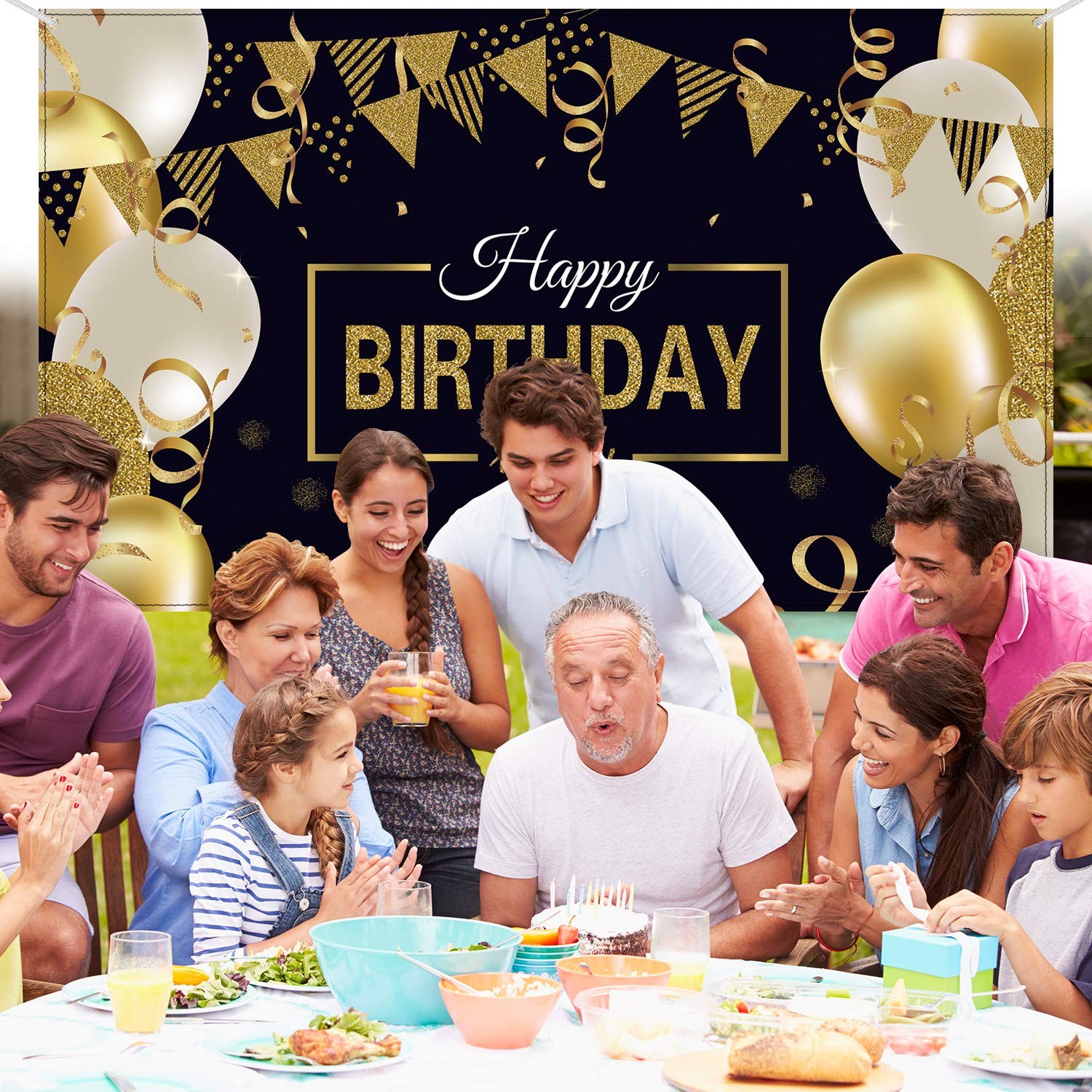 Happy Birthday Backdrop Banner Extra Large Black and Gold Sign Poster for Men Wo