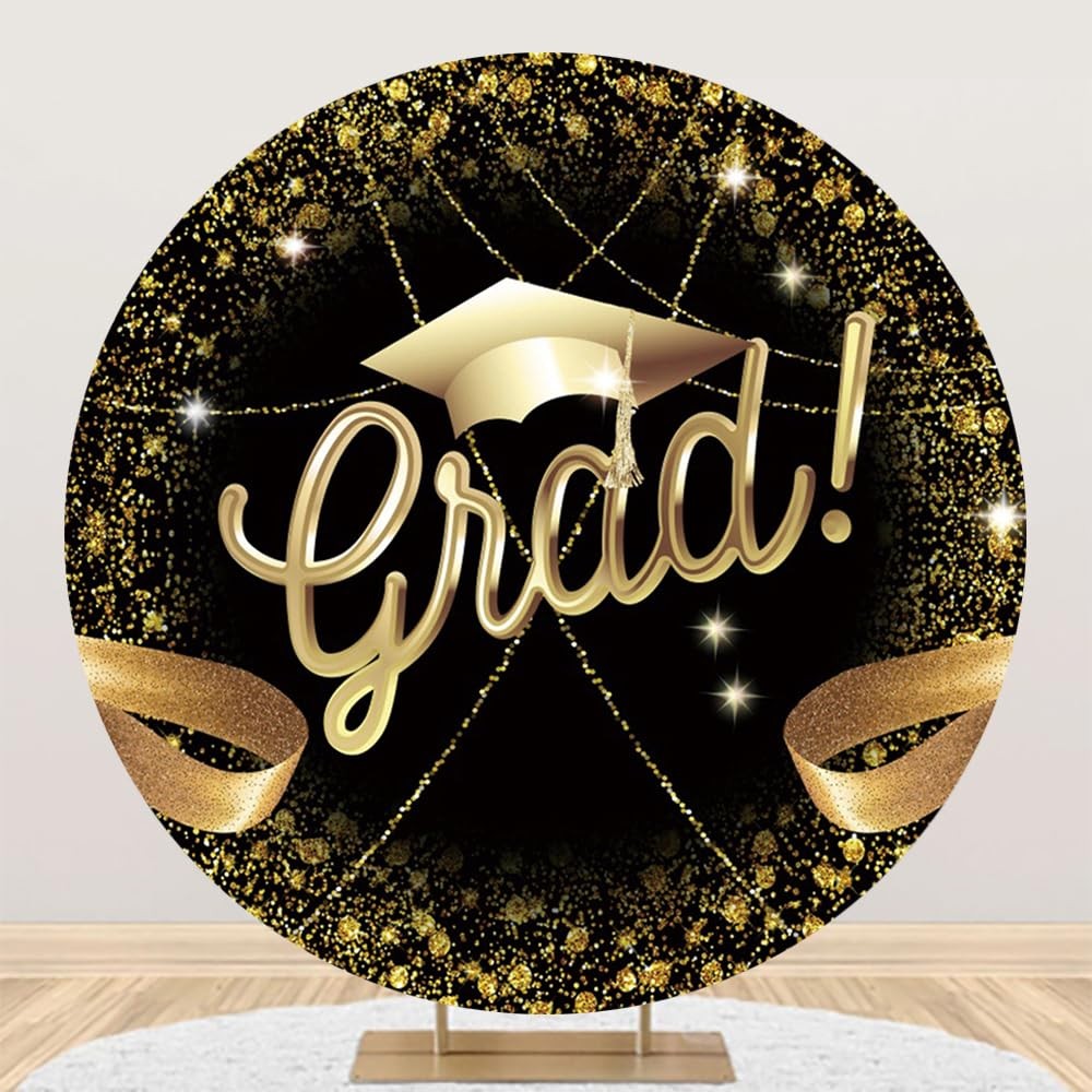 Renaiss 7.5×7.5ft Grad Cap Round Backdrop Covers Glittering Golden Ribbon Bla…