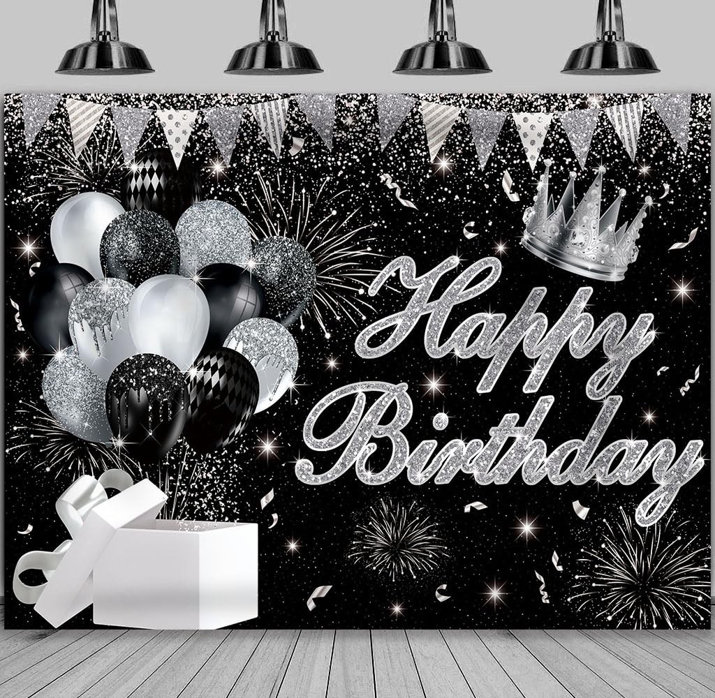 Silver Black Happy Birthday Backdrop 7x5ft Silver