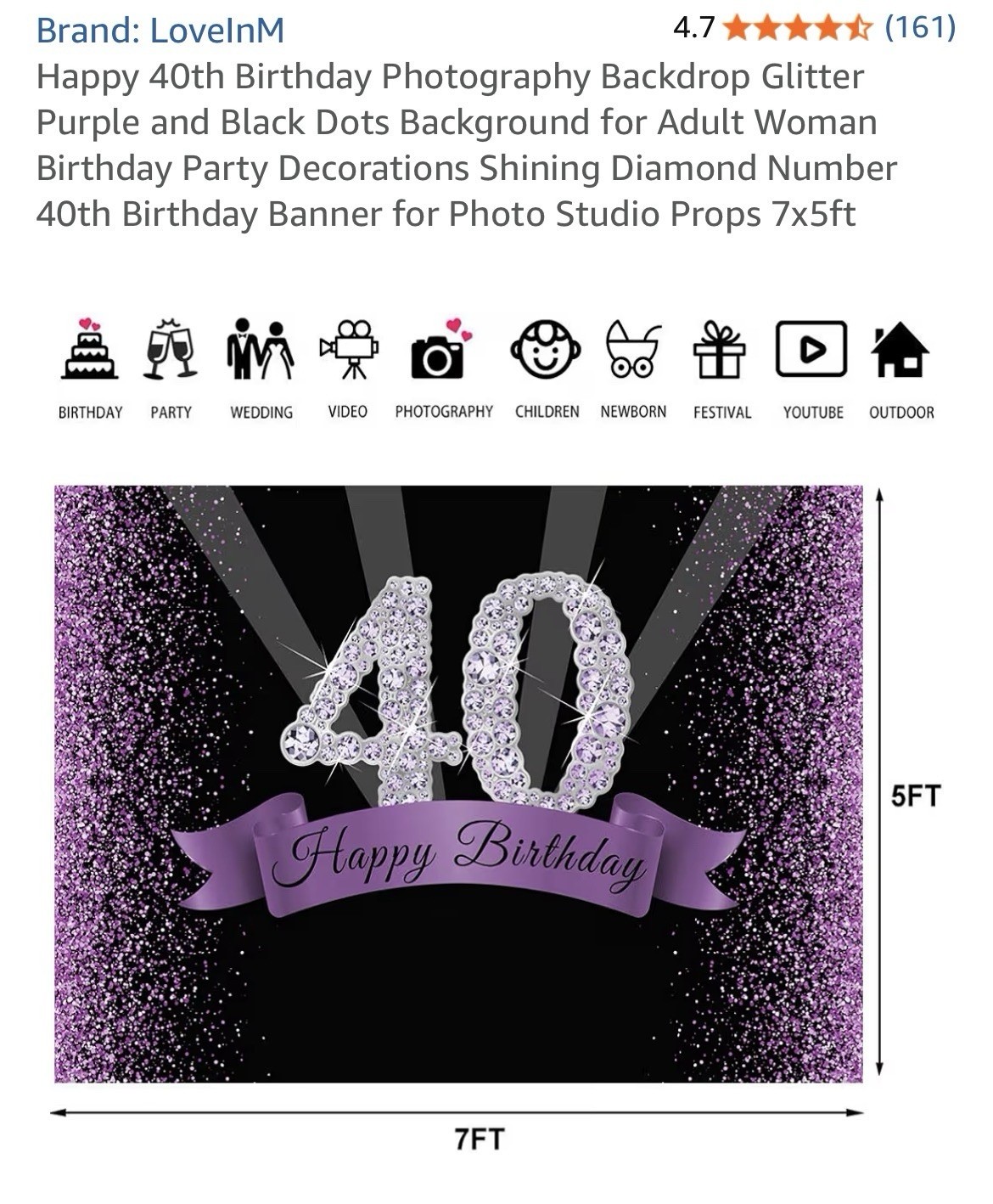 LoveInM Happy 40th Birthday Backdrop 7×5 ft Matte Vinyl Glitter Black Purple