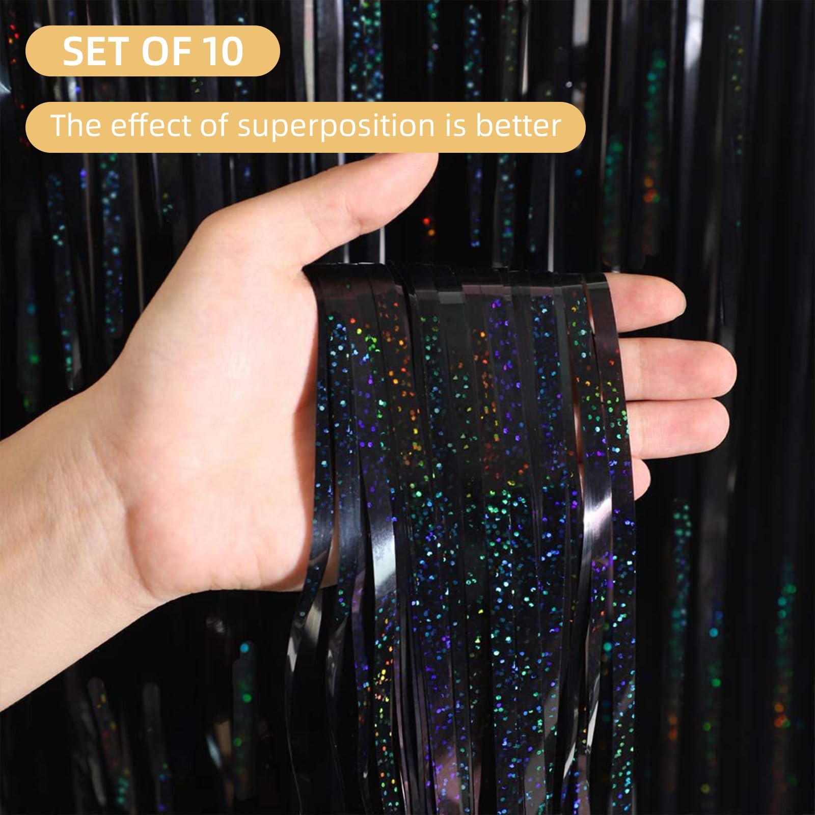 10 PCS Black Foil Curtain Backdrop 3.2×6.6ft Glittering Metallic Tinsel