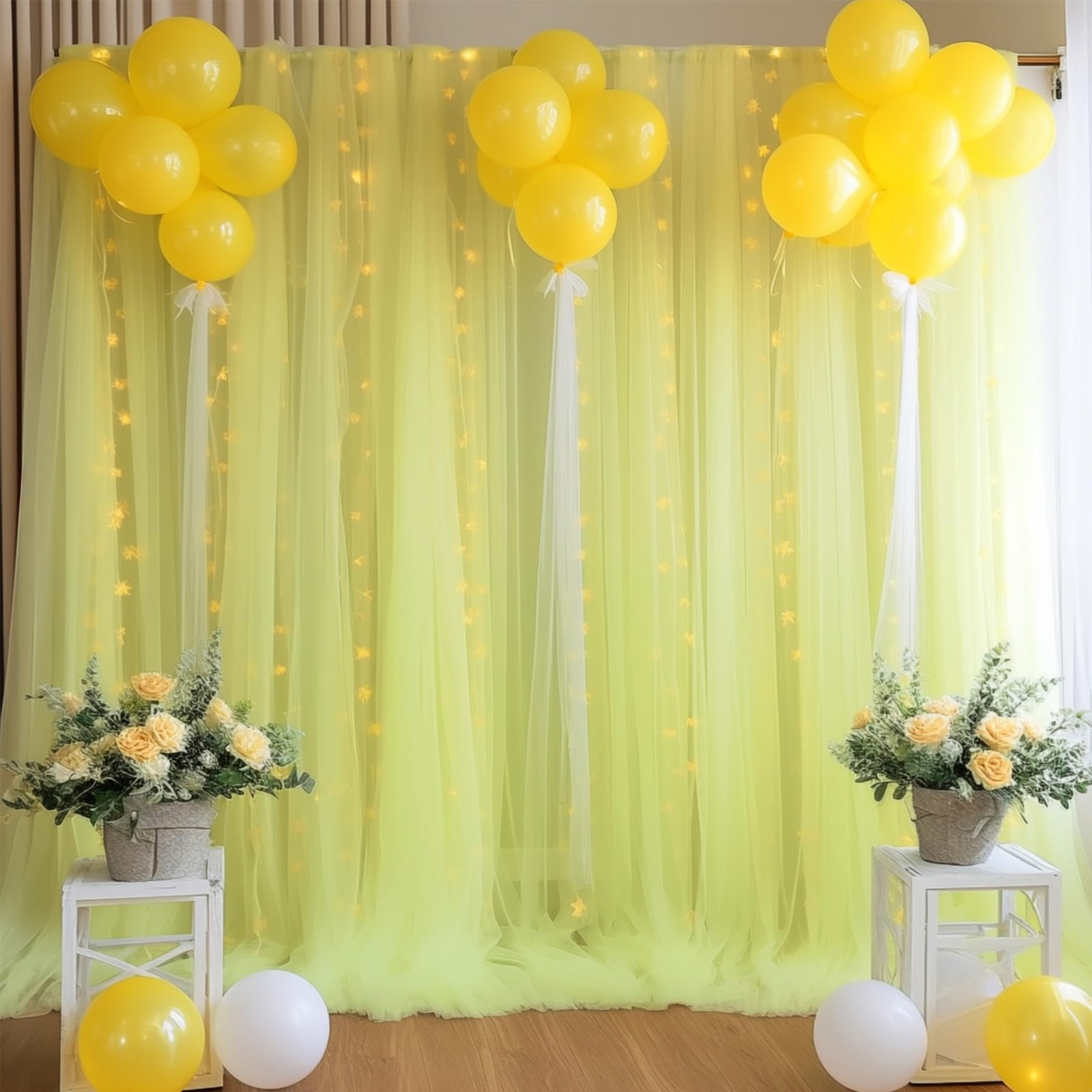 10×8ft Yellow Tulle Curtain Backdrop with Lights String for Parites, Sheer Ba…
