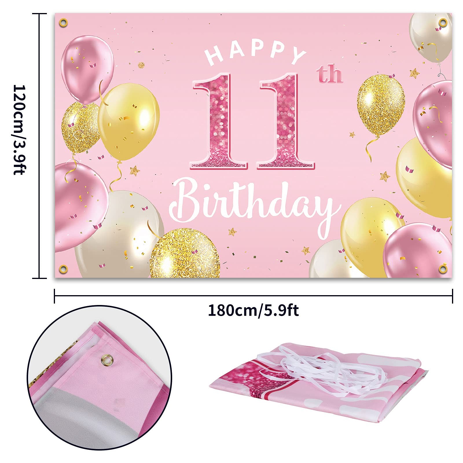 PAKBOOM Happy 11th Birthday Backdrop Banner – 11 3.9 ft x 5.9 ft, Pink