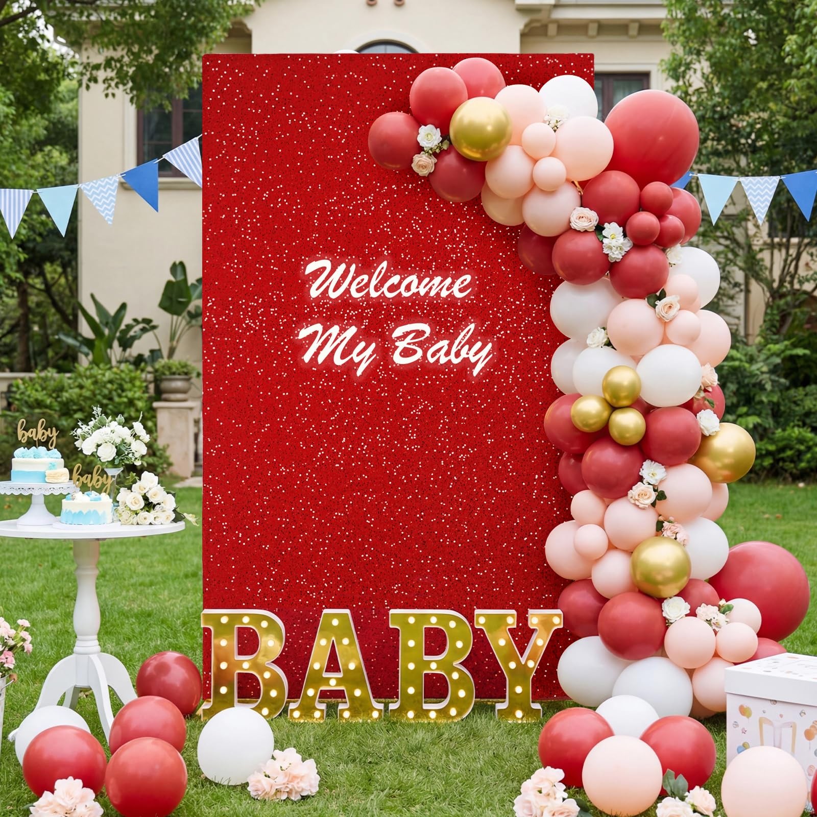 Square Wedding Arch Backdrop Cover, 6.6×4 Ft Velvet Red Sequin Backdrop Stand…
