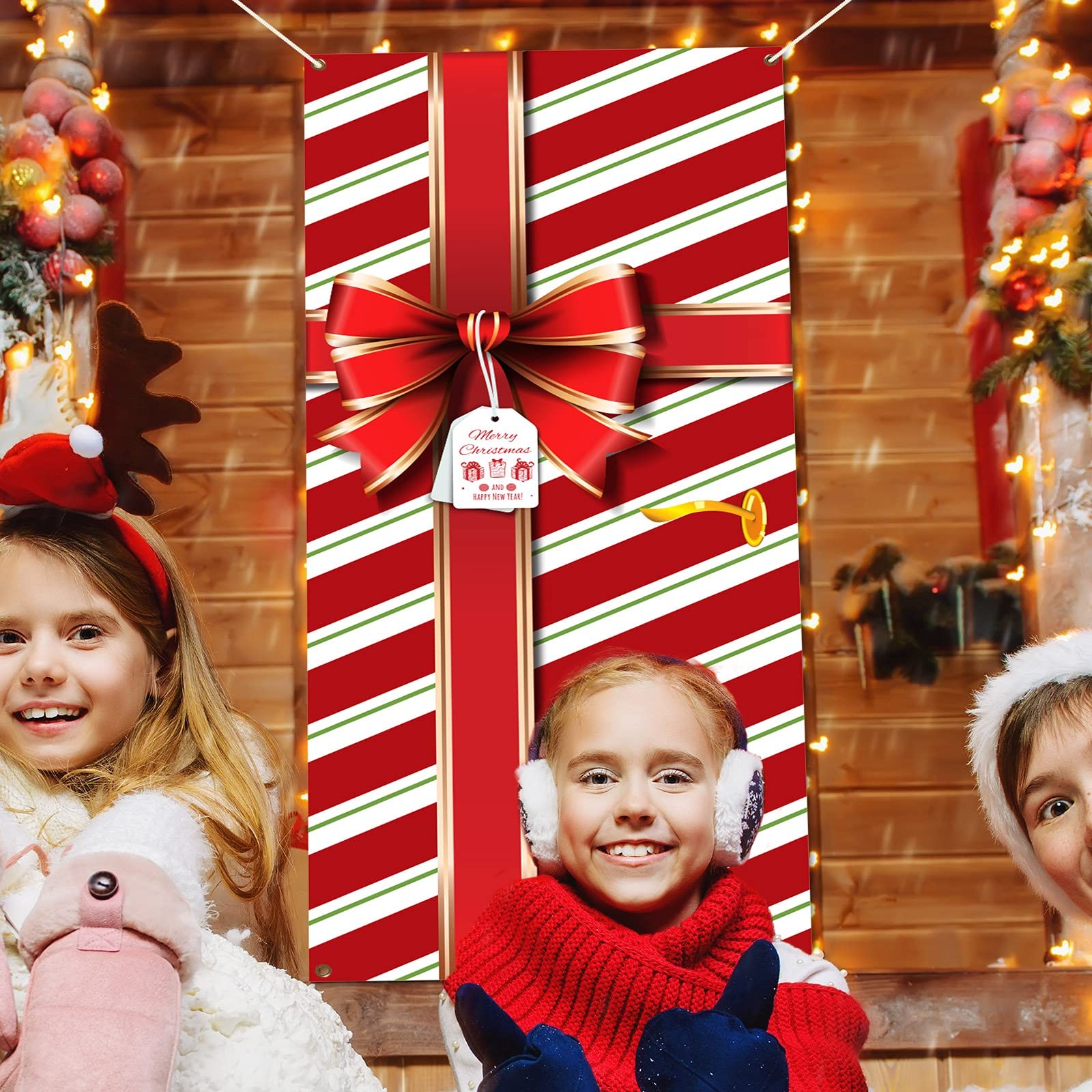 Christmas Door Cover Decoration Merry Box Bowknot Photography One Size, Red