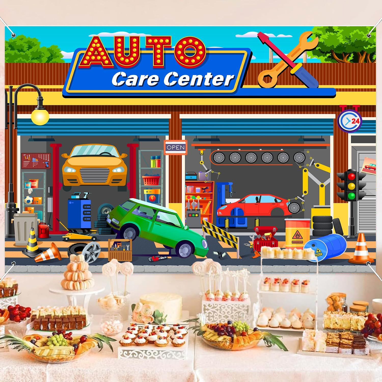 HANYING Cartoon Auto Repair Shop Backdrop for Boy Birthday 7x5ft, colorful