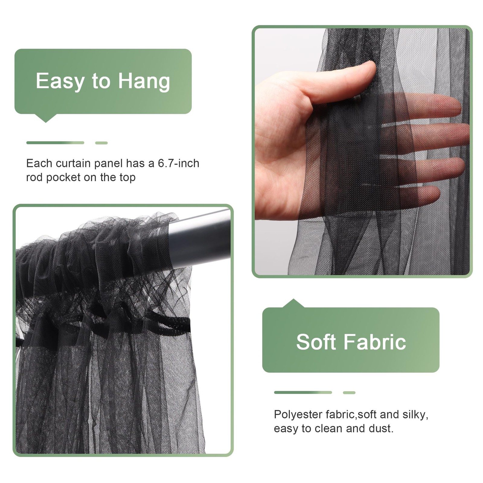 2 Panels 5×10 Ft Black Sheer Tulle Backdrop Curtain String Lights 10×10 Ft Set