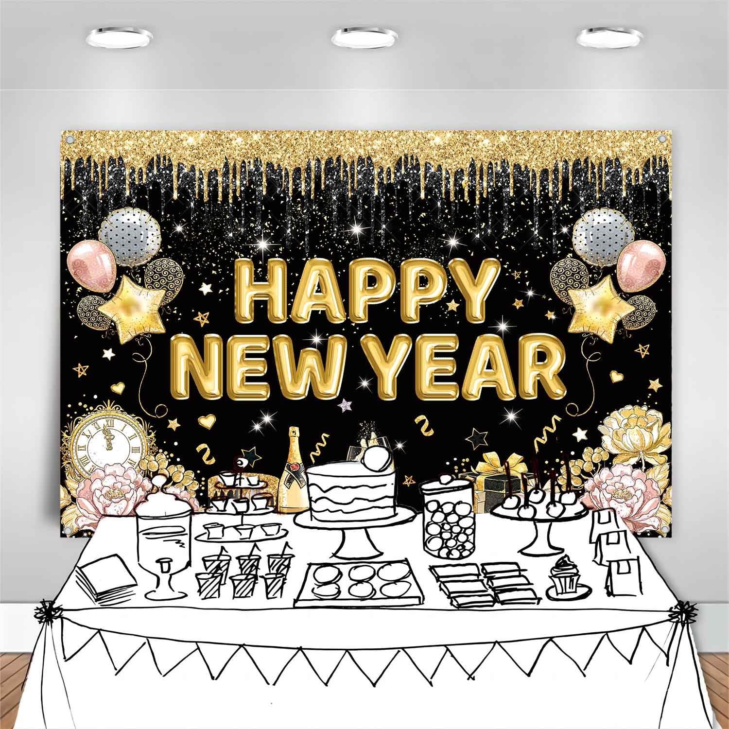 Happy New Year Banner Backdrop for New Years Decorations 2026 Large Black and…
