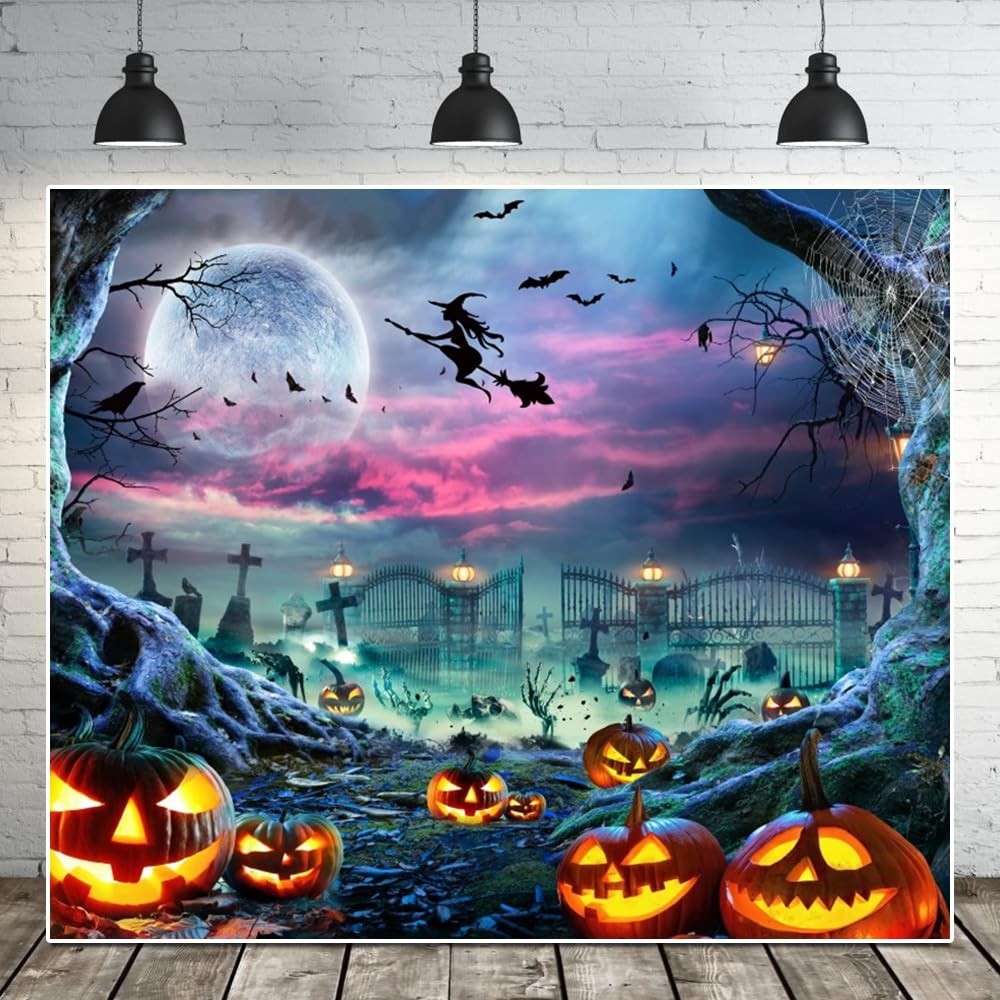 Halloween Backdrop Background 10x8ft Scary Full Moon Pumpkin Cemetery Hallowe…