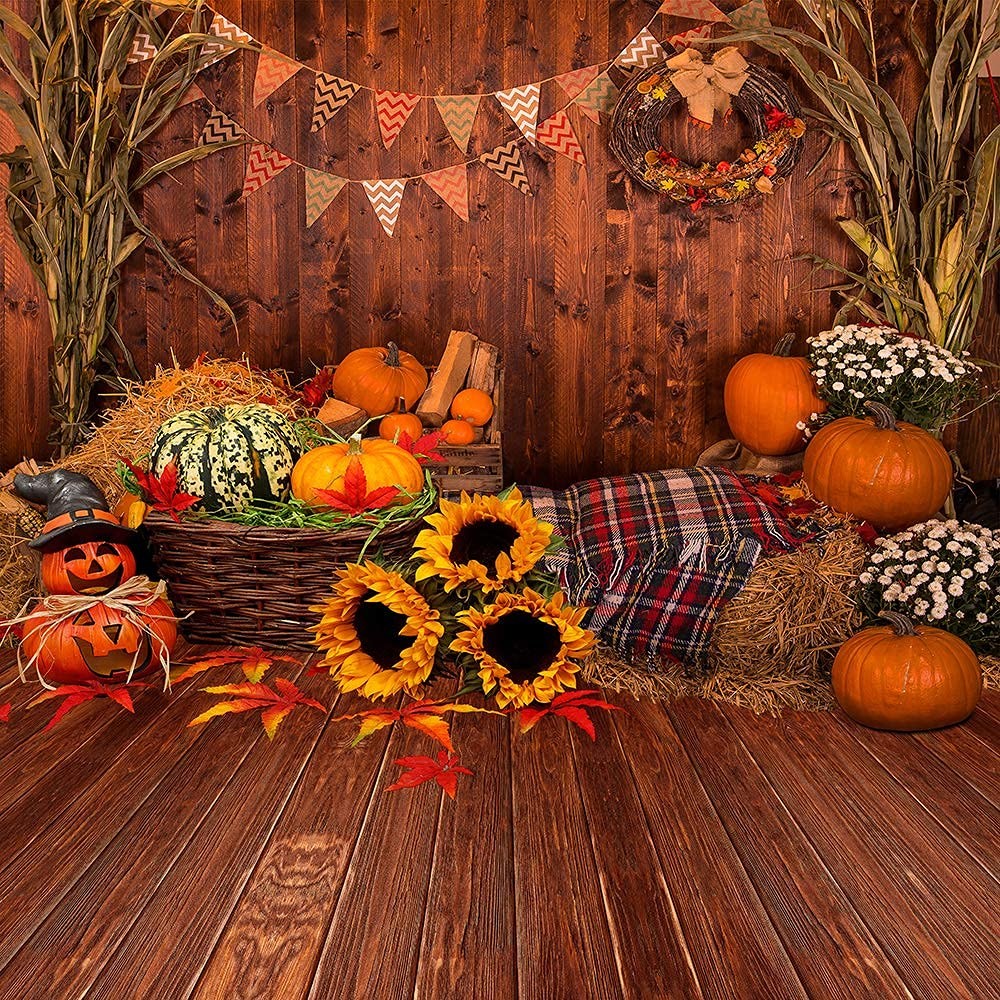 8x8FT TP295B Fall Thanksgiving Wooden Floor Barn Pumpkins Photography Backdrop