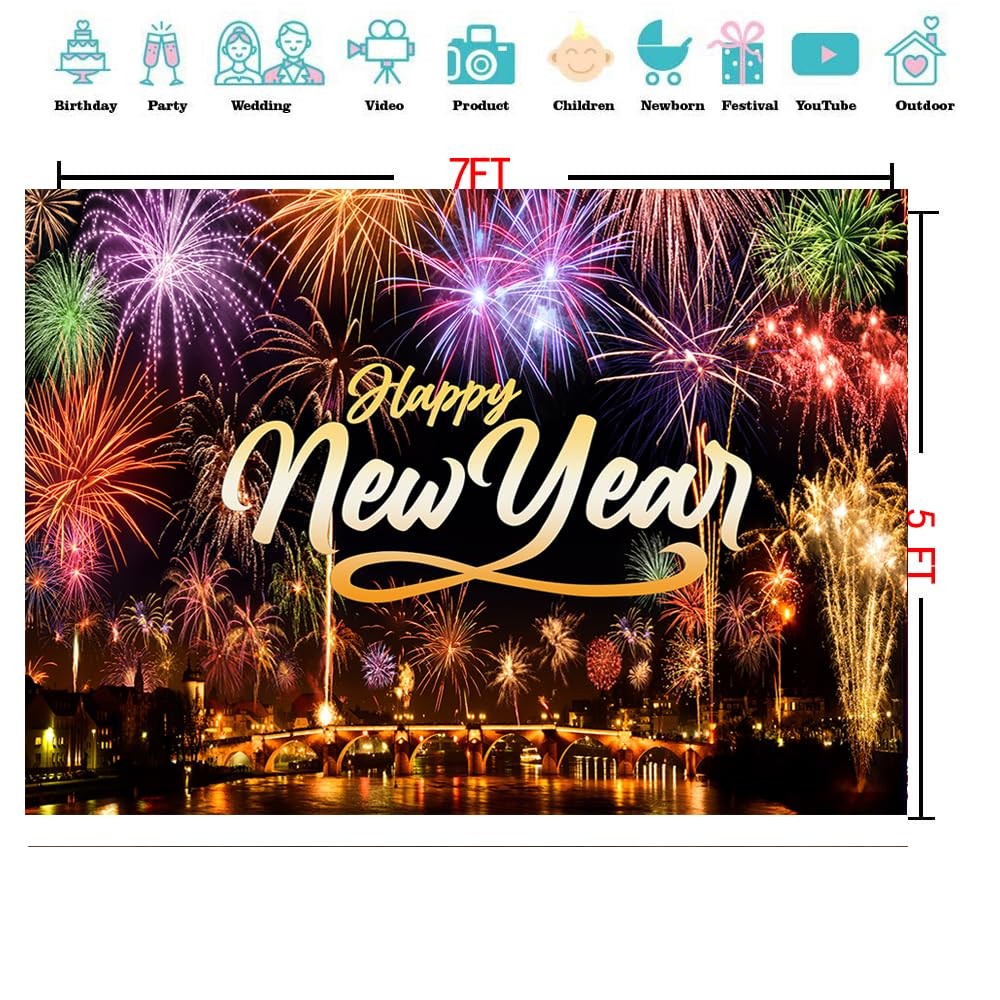 7x5ft Happy New Year Photography Backdrop Eve Night City Fireworks Show Party