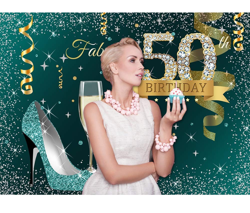 Sensfun Teal Gold Happy 50th Birthday Backdrop Glitter Silver 7x5ft, xq0769