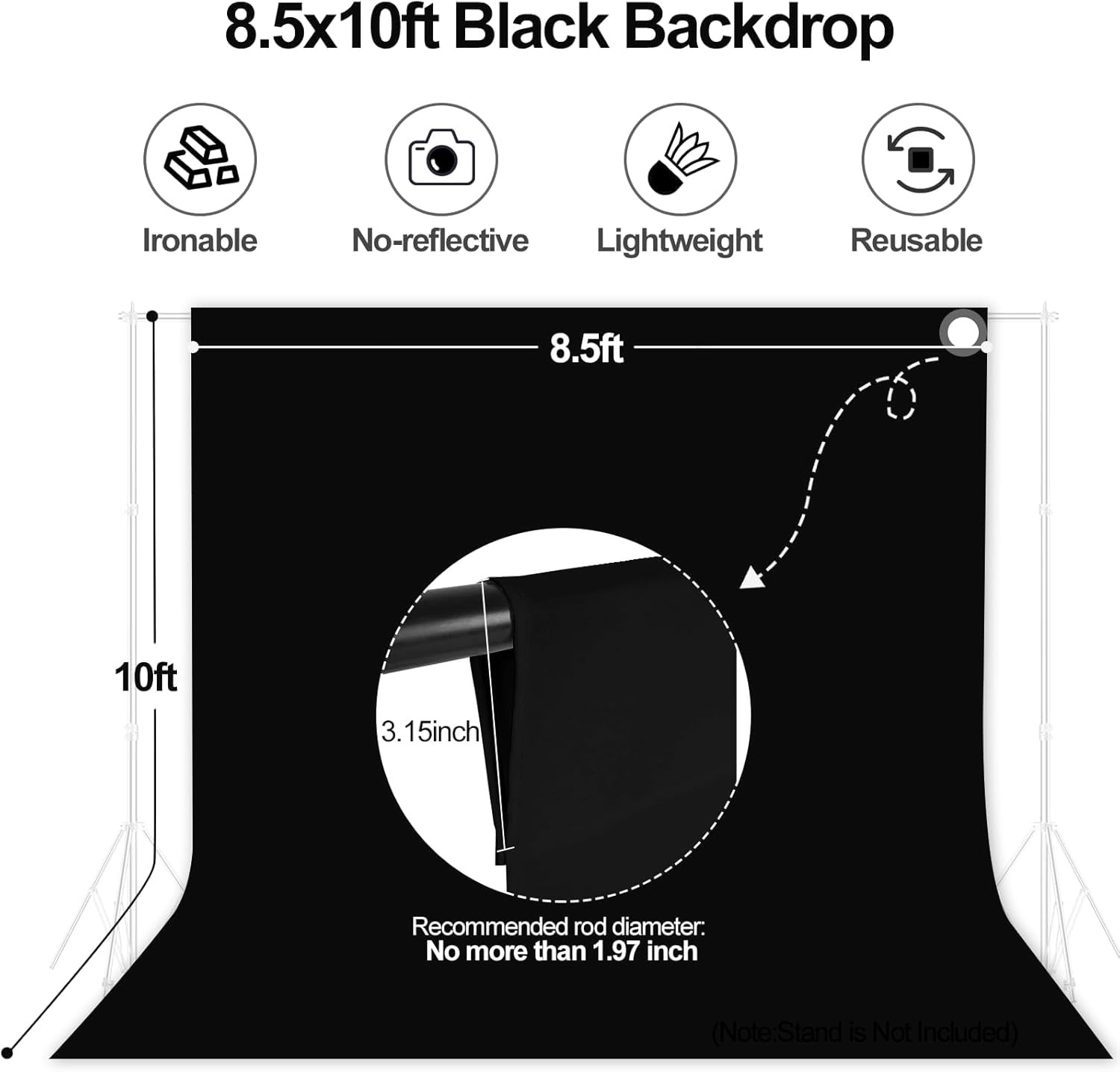 8.5x10ft Black Photo Backdrop Curtain Non Reflective Polyester Studio Screen