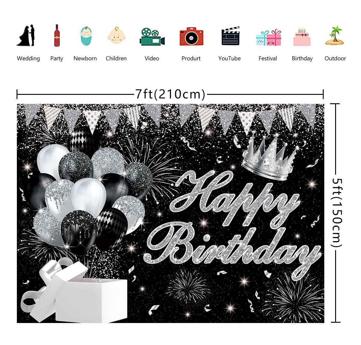 Silver Black Happy Birthday Backdrop 7x5ft Silver