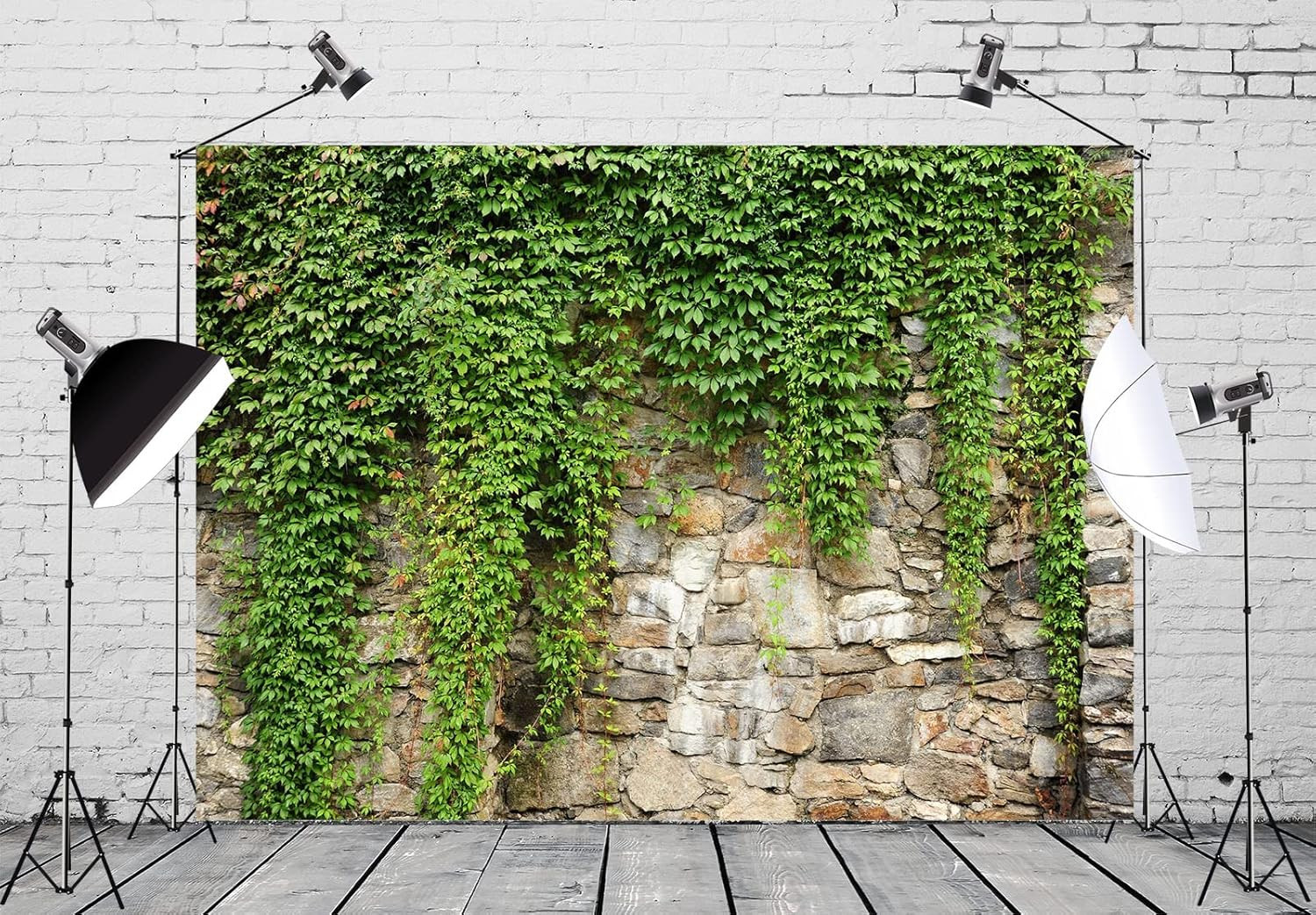 Green Leaves & Stone Wall Backdrop for Weddings, Birthdays, and Studio Photos