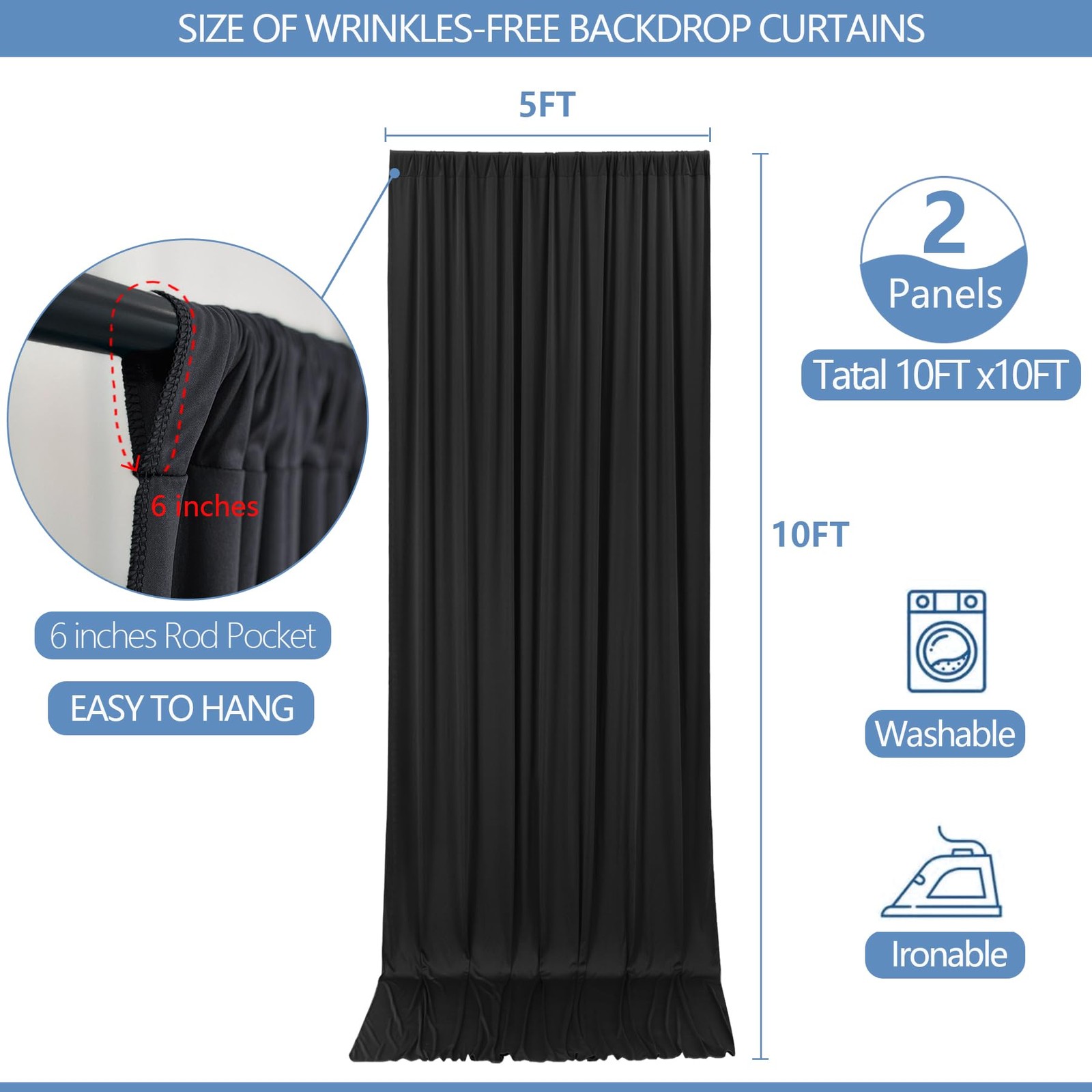 2 PCS 5×10 FT Black Wrinkle Free Soft Fabric Backdrop Curtains Wedding Drapes