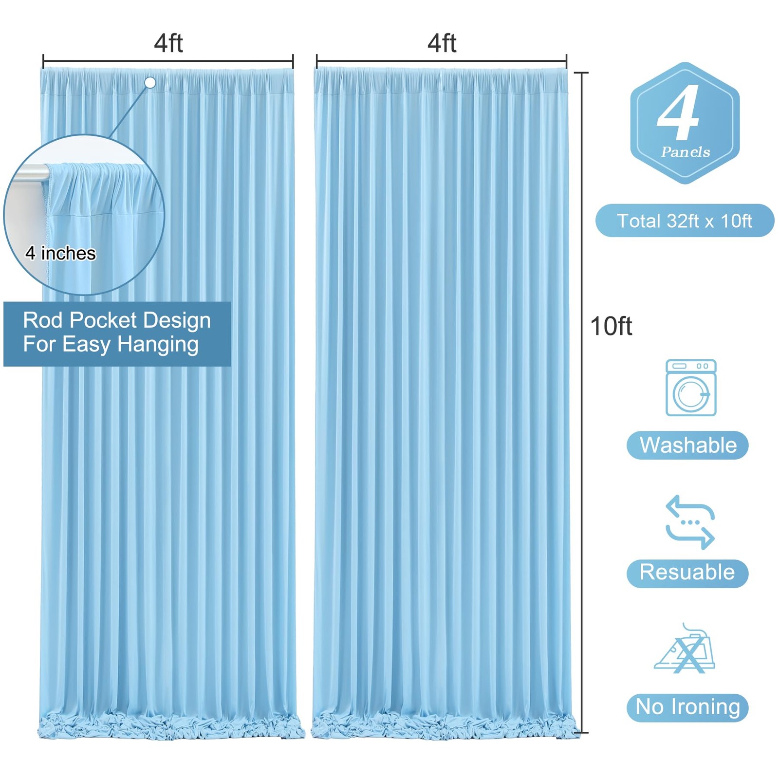 Light Blue Backdrop Curtains WrinkleFree Polyester Photo Drapes 16x10Ft 4 PCS