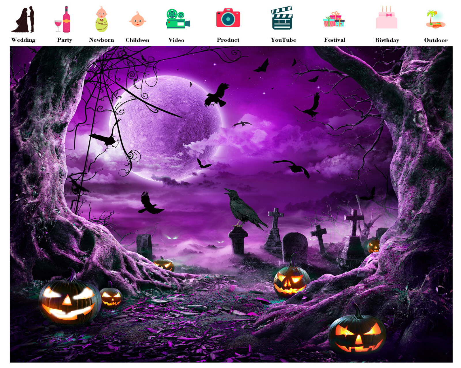 10x8ft Pumpkin Full Moon Crow Purple Halloween Vinyl Backdrop Photo Background