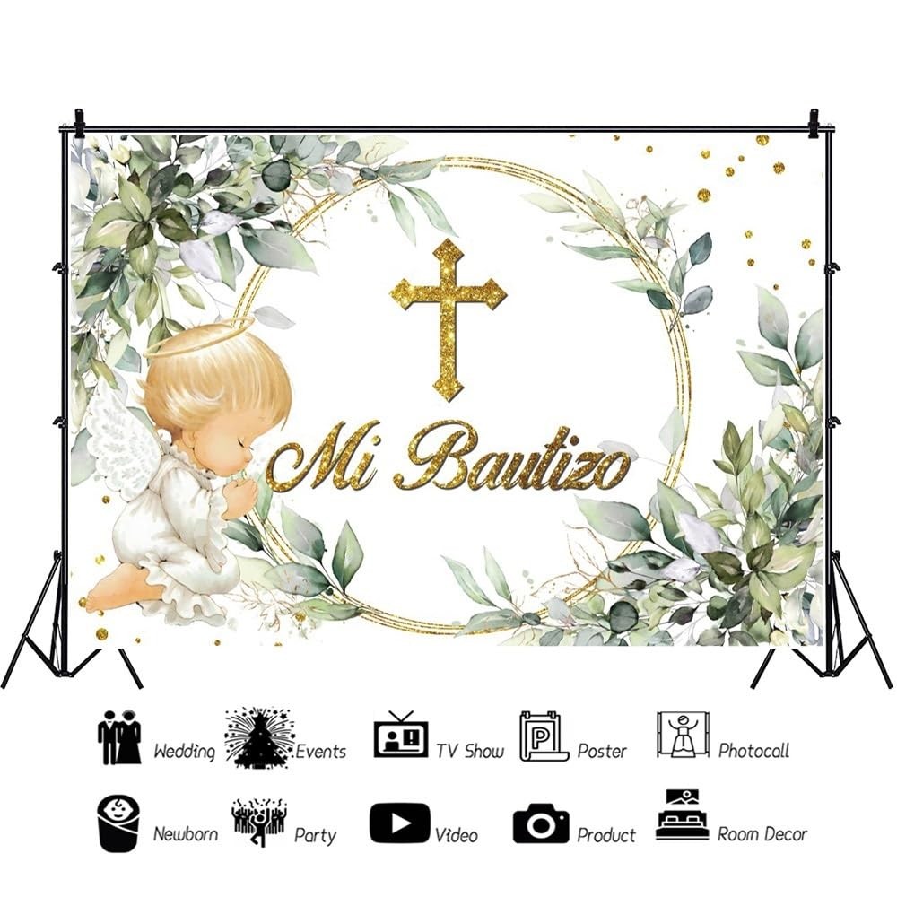 Mi Bautizo Backdrop First Holy Communion God Bless Eucalyptus Prop 7×5 Ft