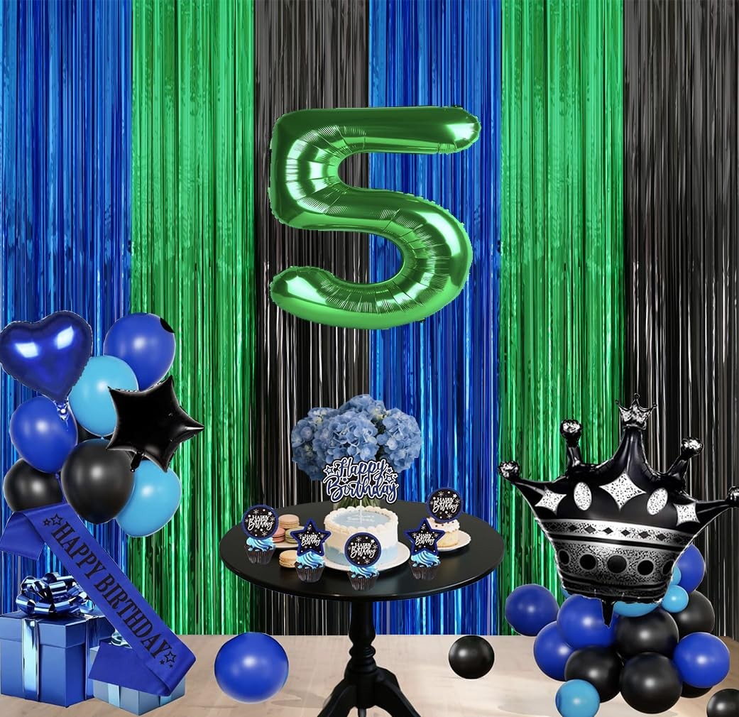 3.3×6.6 Ft Blue Green Black Metallic Tinsel Foil Fringe Backdrop Streamers 2 PCS