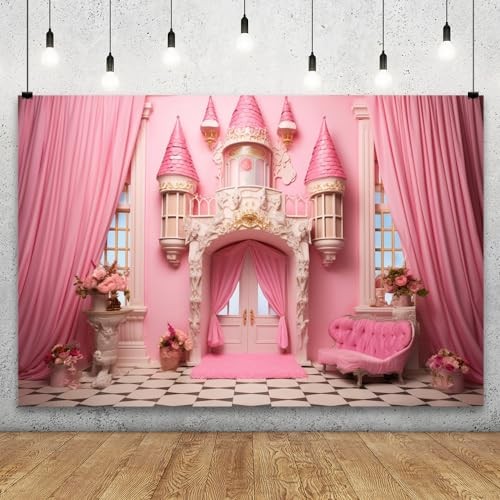 Pink Princess Castle Backdrop Sofa Flowers Vases Curtain Door 5x3ft Style 1